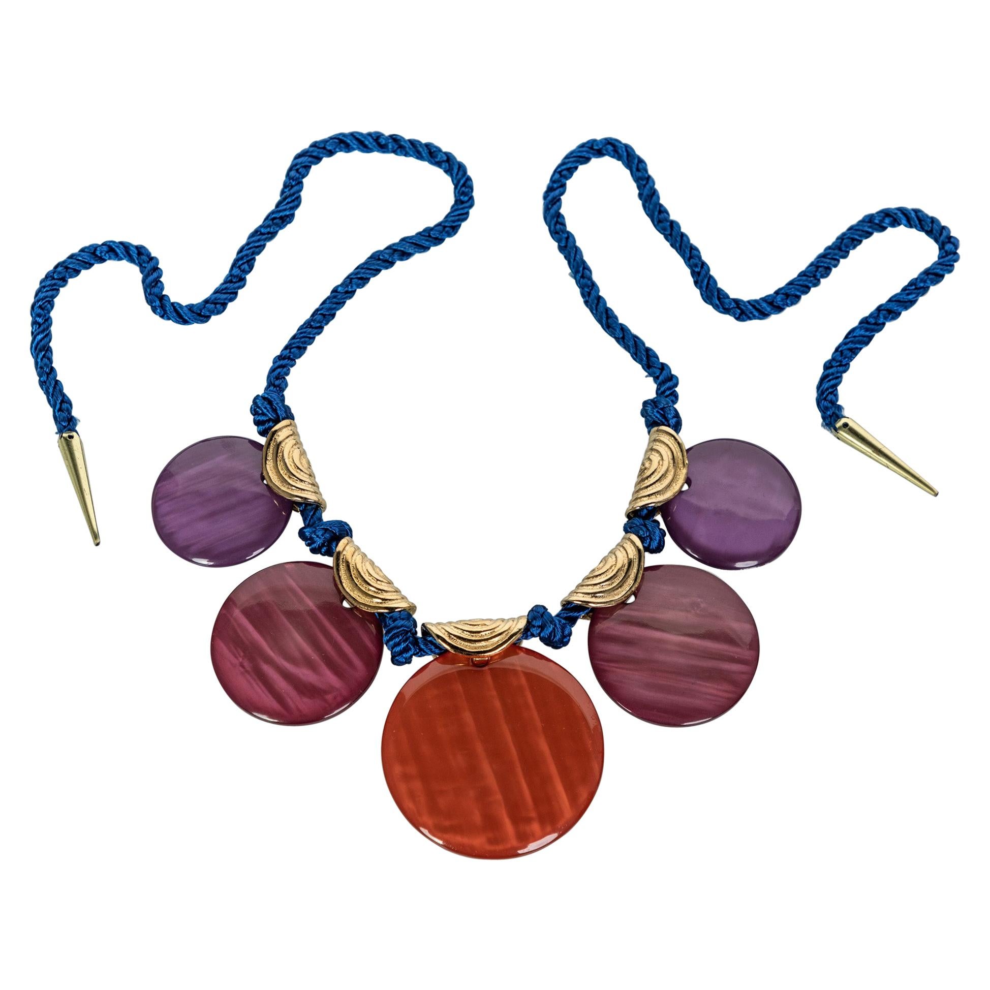 Vintage Yves Saint Laurent Ysl Multi-Color Disc Silk Cord Necklace