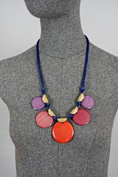 Vintage YVES SAINT LAURENT Ysl Multicolour Disc Silk Cord Necklace