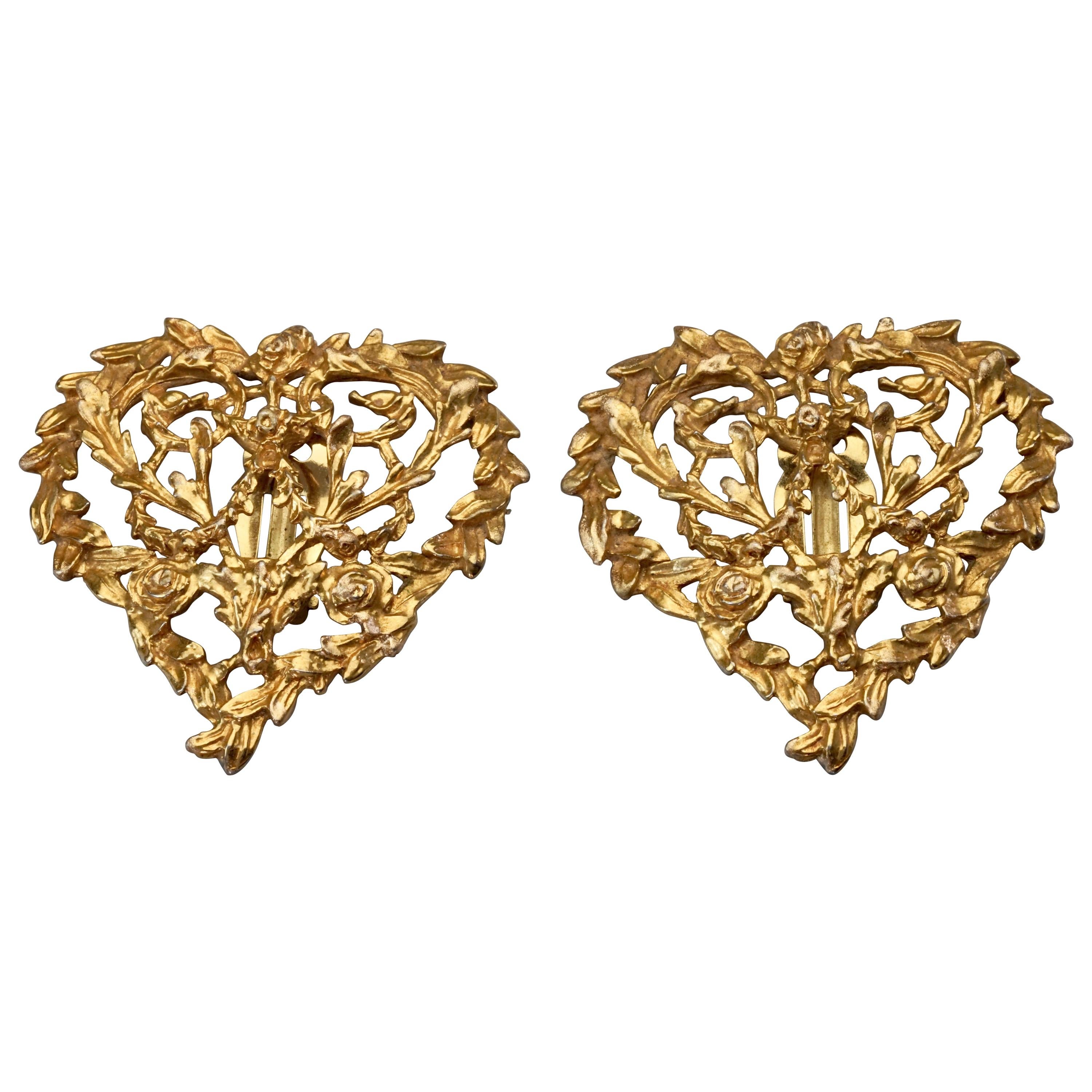 Vintage YVES SAINT LAURENT Ysl Openwork Flower Heart Earrings For Sale