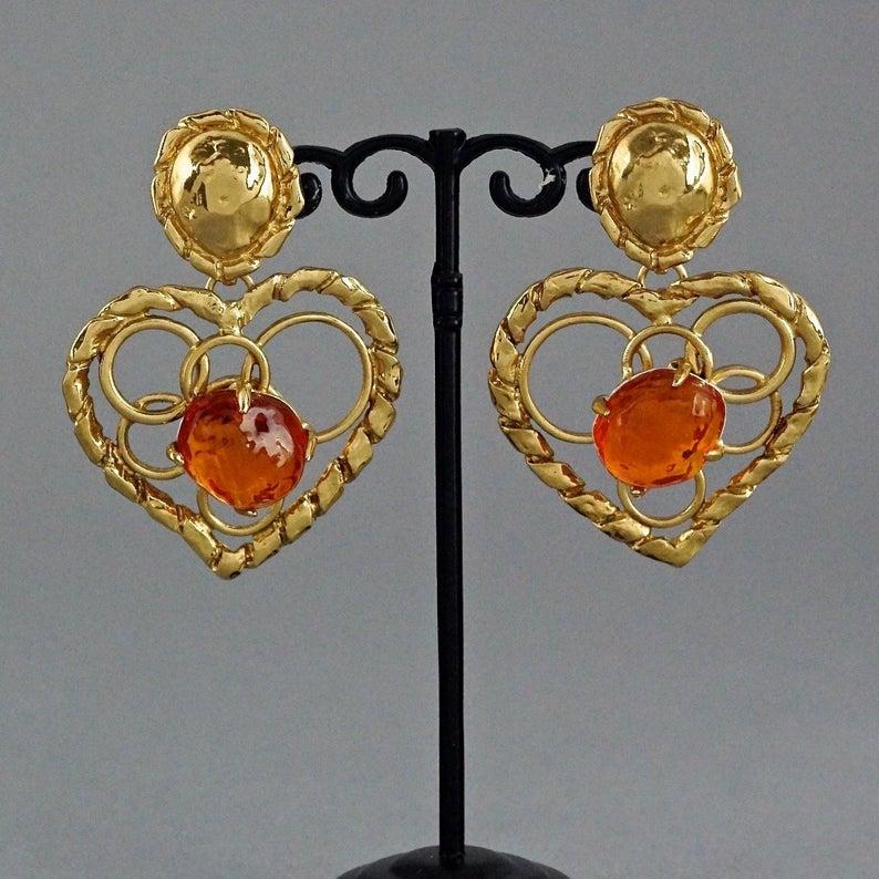 Vintage YVES SAINT LAURENT Ysl Openwork Heart Amber Resin Dangling Earrings 2