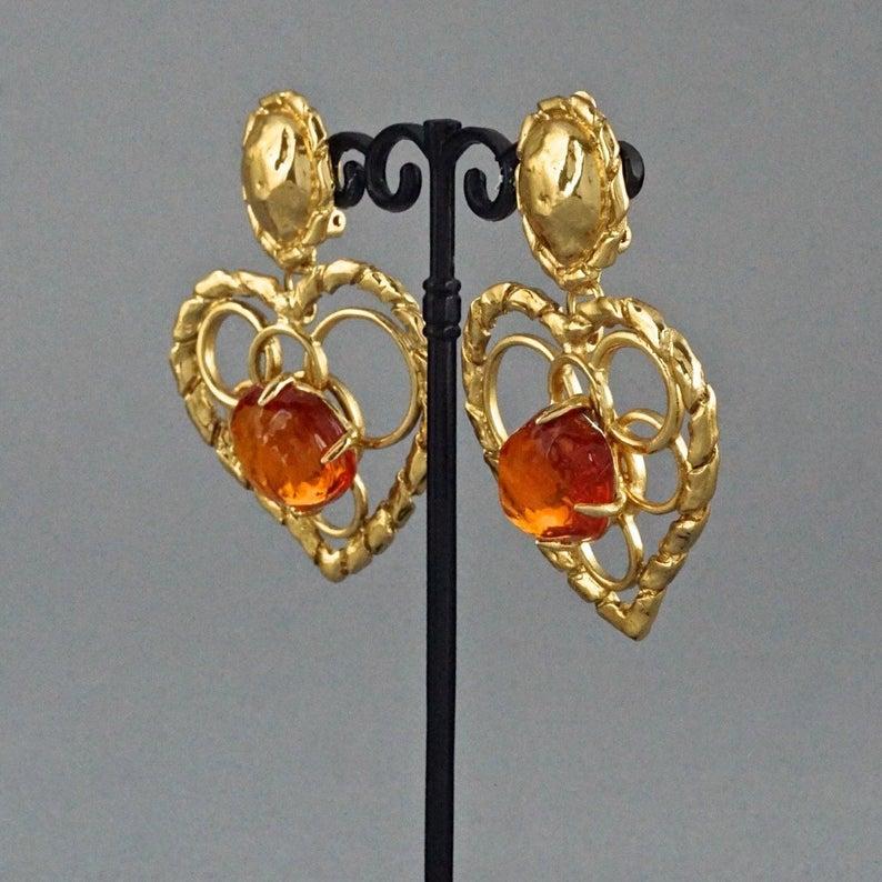 Vintage YVES SAINT LAURENT Ysl Openwork Heart Amber Resin Dangling Earrings 3