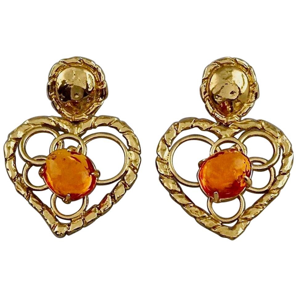 Vintage YVES SAINT LAURENT Ysl Openwork Heart Amber Resin Dangling Earrings