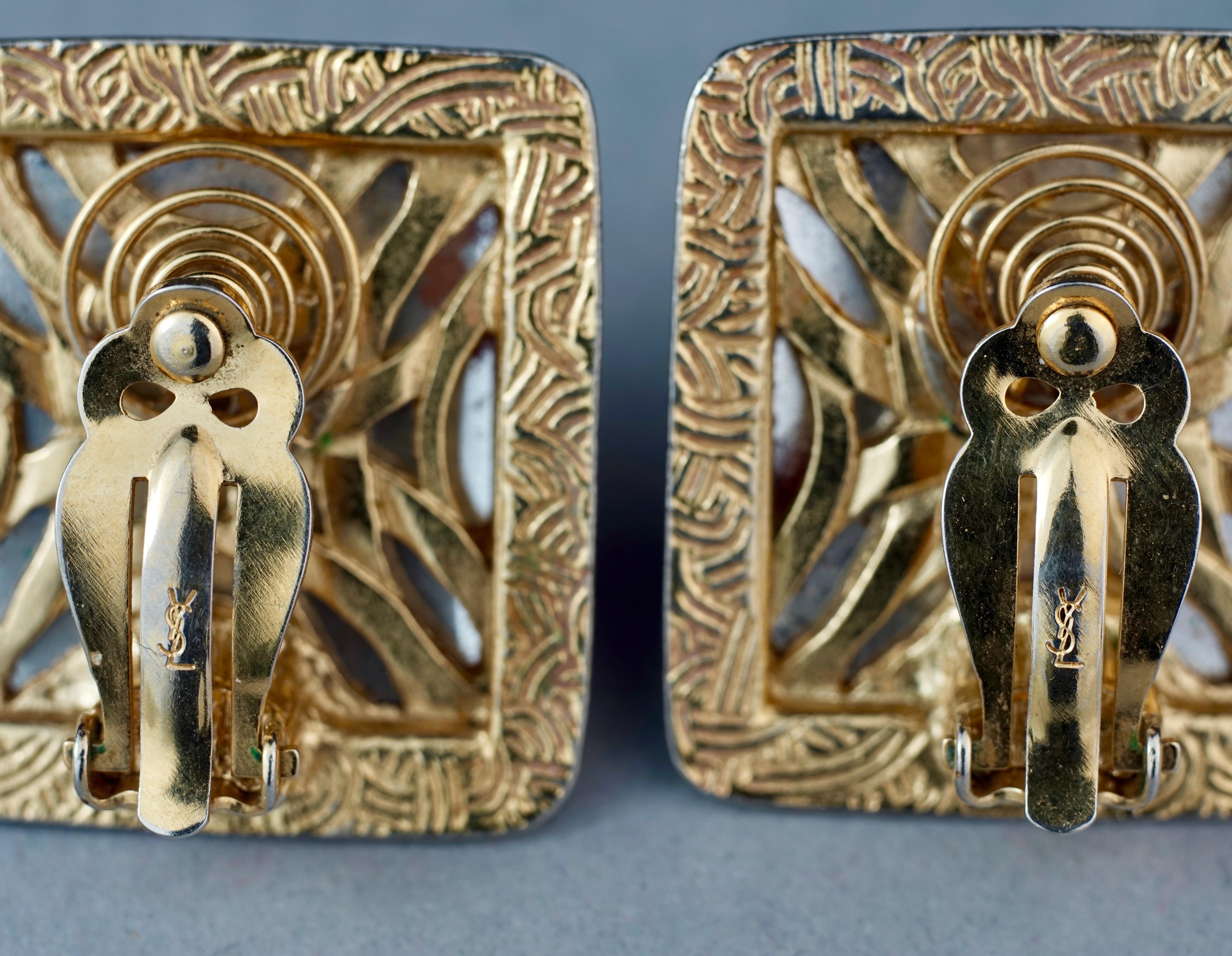 Vintage YVES SAINT LAURENT Ysl Orange Resin Rhinestone Earrings For Sale 5