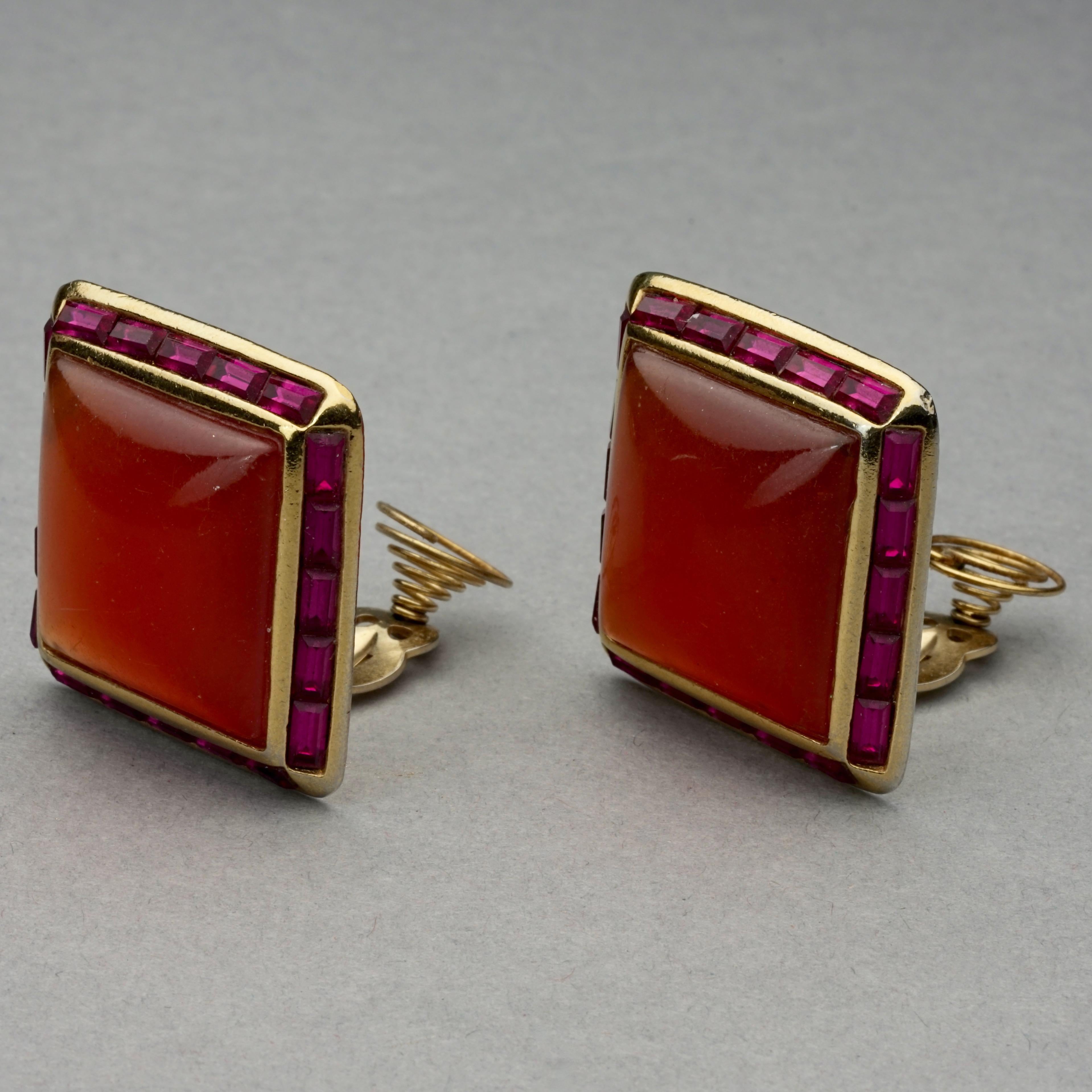 Vintage YVES SAINT LAURENT Ysl Orange Resin Rhinestone Earrings In Good Condition For Sale In Kingersheim, Alsace