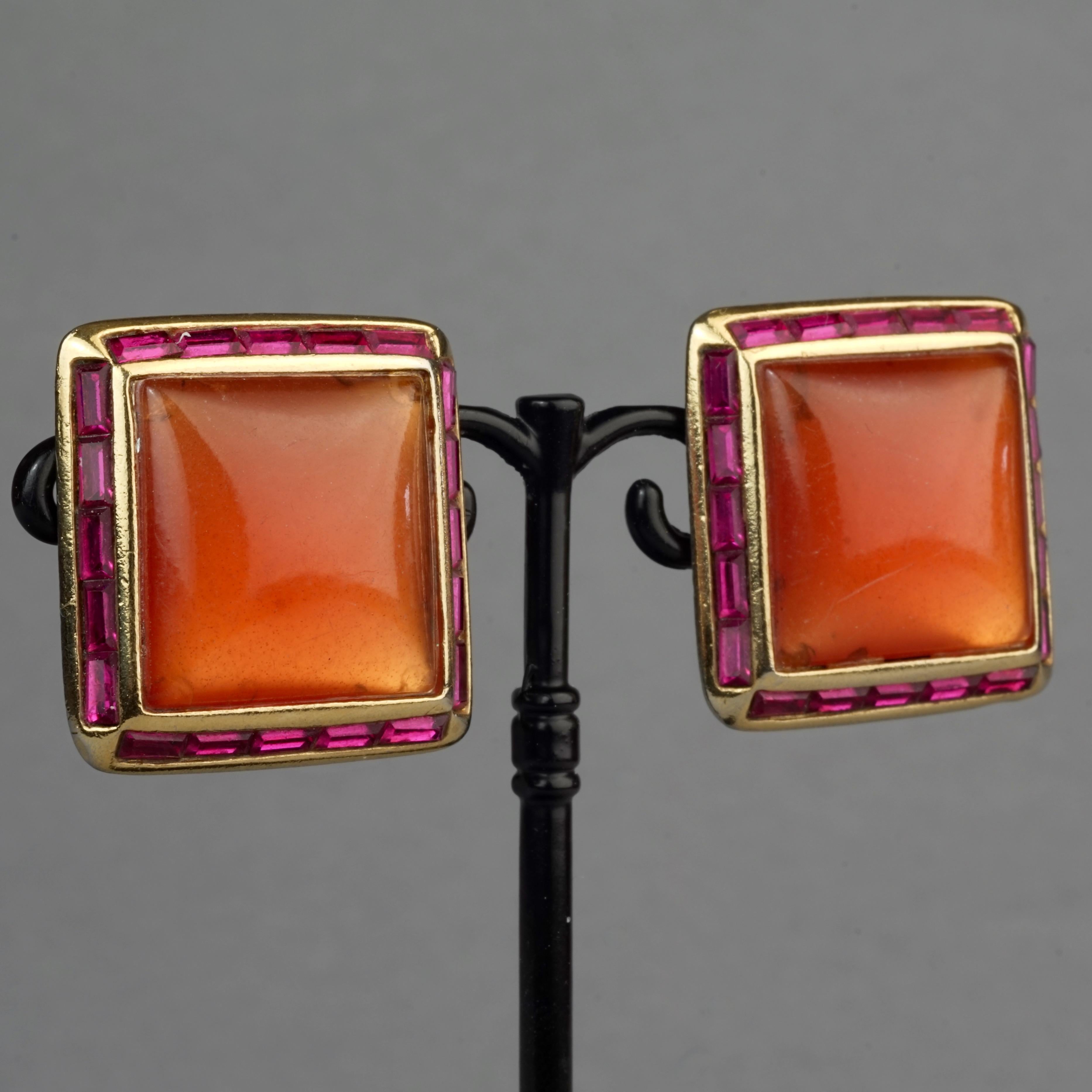 Vintage YVES SAINT LAURENT Ysl Orange Resin Rhinestone Earrings For Sale 1