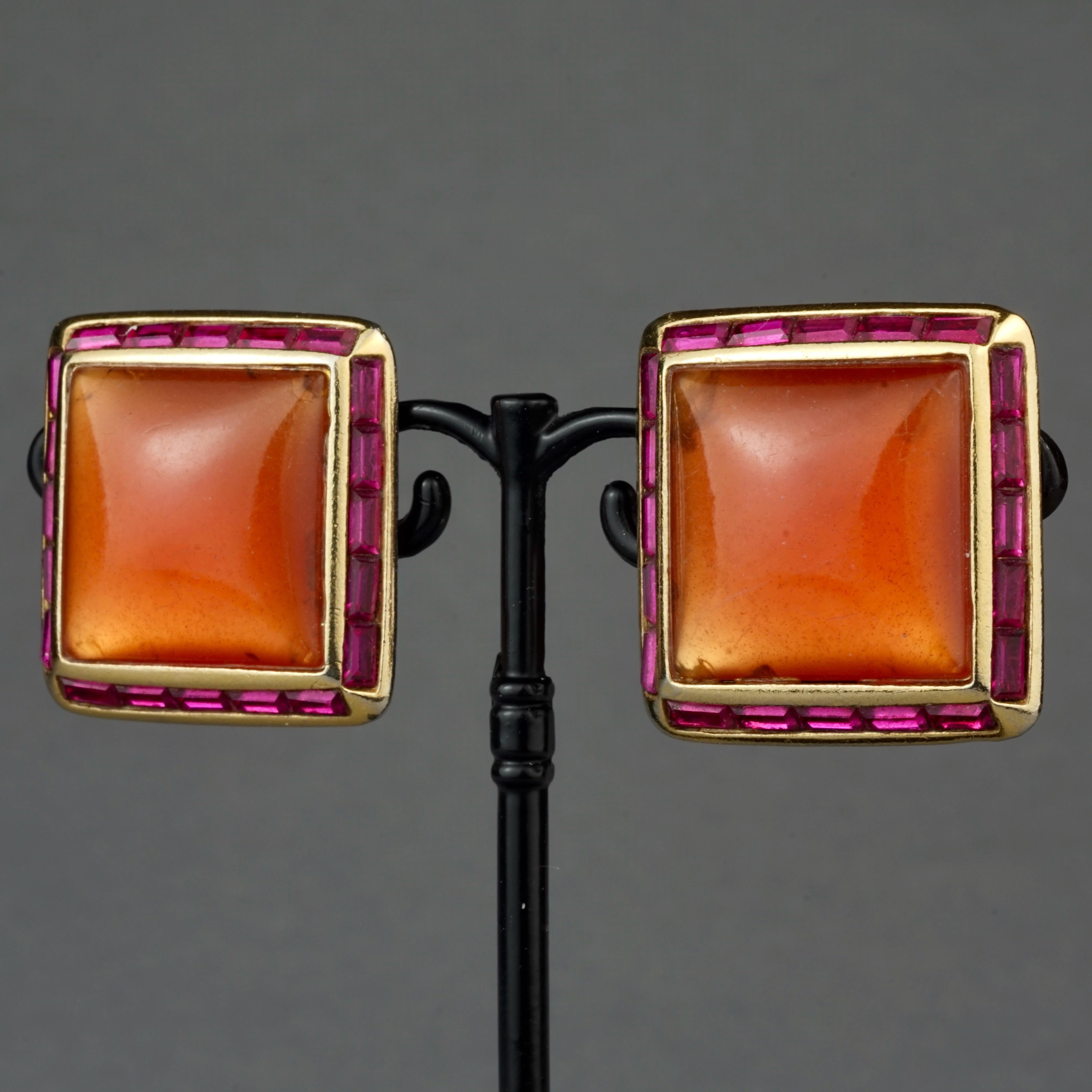 Vintage YVES SAINT LAURENT Ysl Orange Resin Rhinestone Earrings For Sale 2