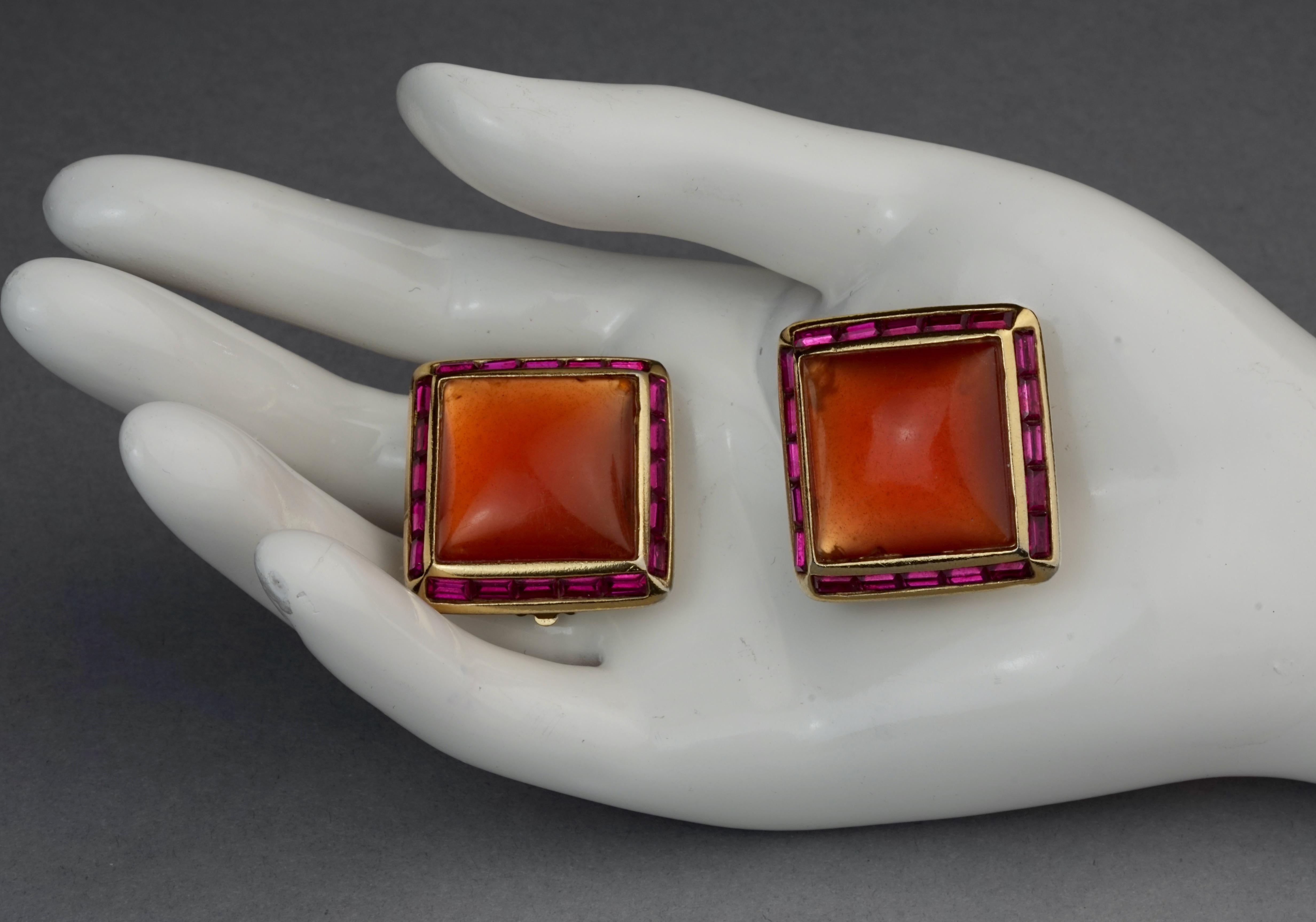 Vintage YVES SAINT LAURENT Ysl Orange Resin Rhinestone Earrings For Sale 3