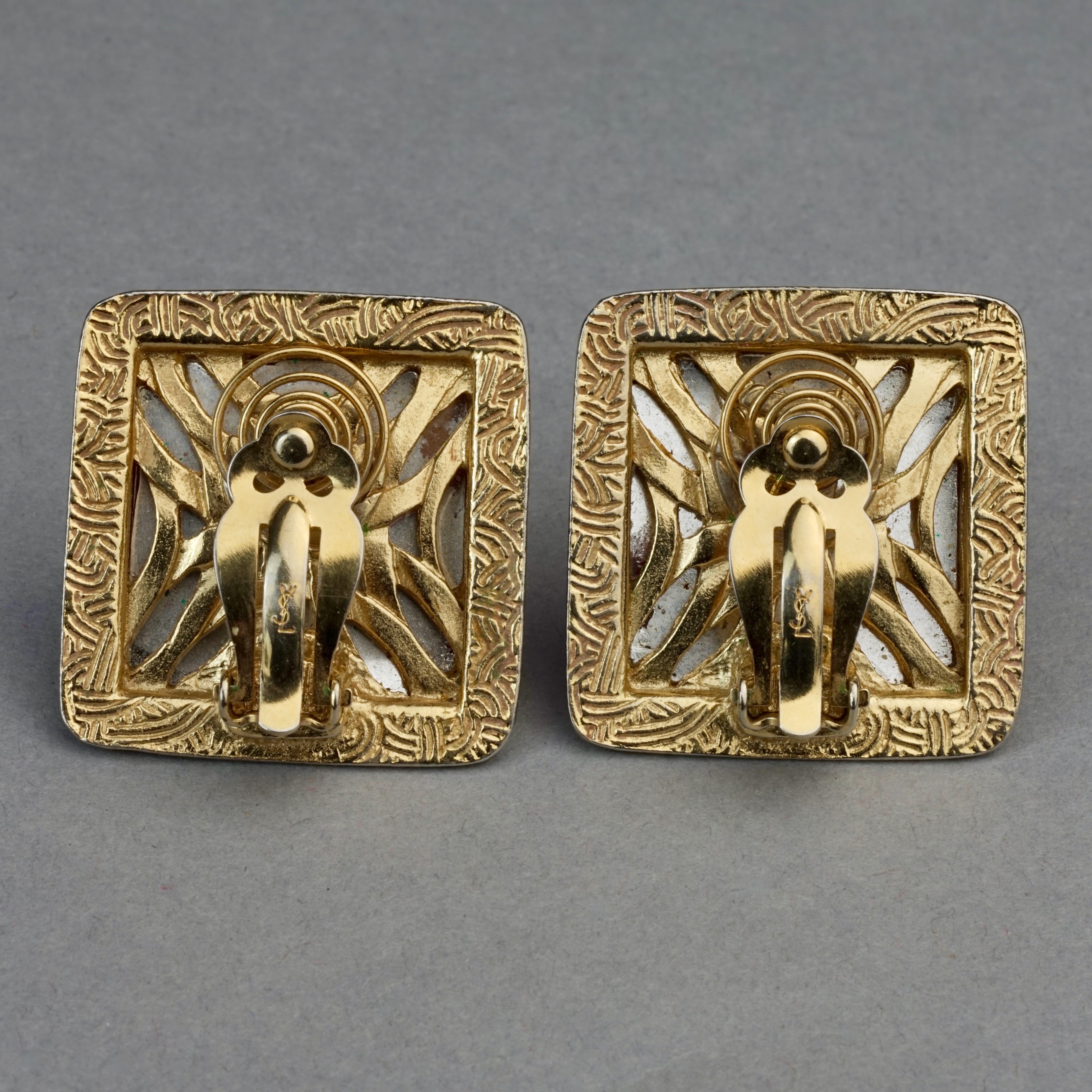 Vintage YVES SAINT LAURENT Ysl Orange Resin Rhinestone Earrings For Sale 4
