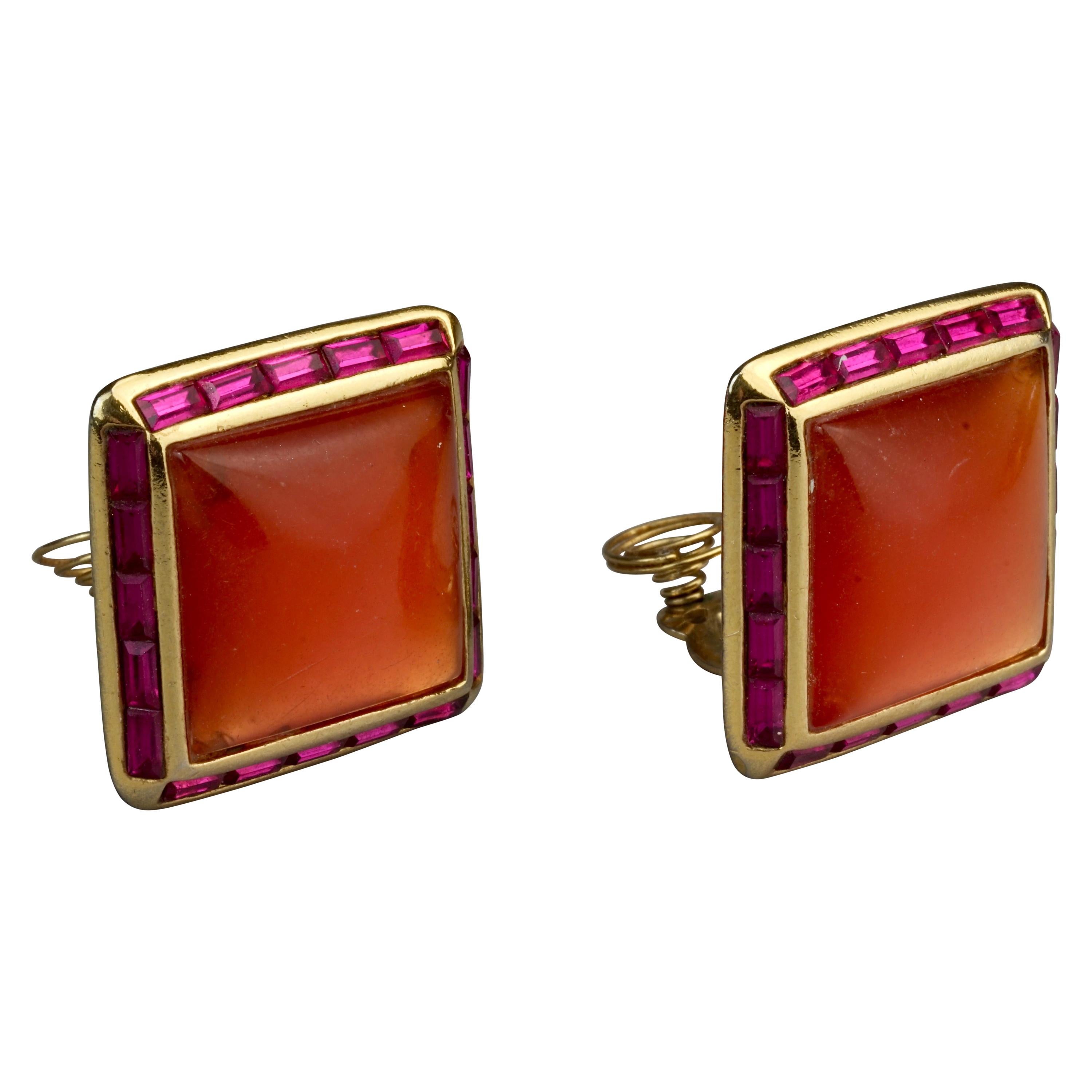 Vintage YVES SAINT LAURENT Ysl Orange Resin Rhinestone Earrings For Sale