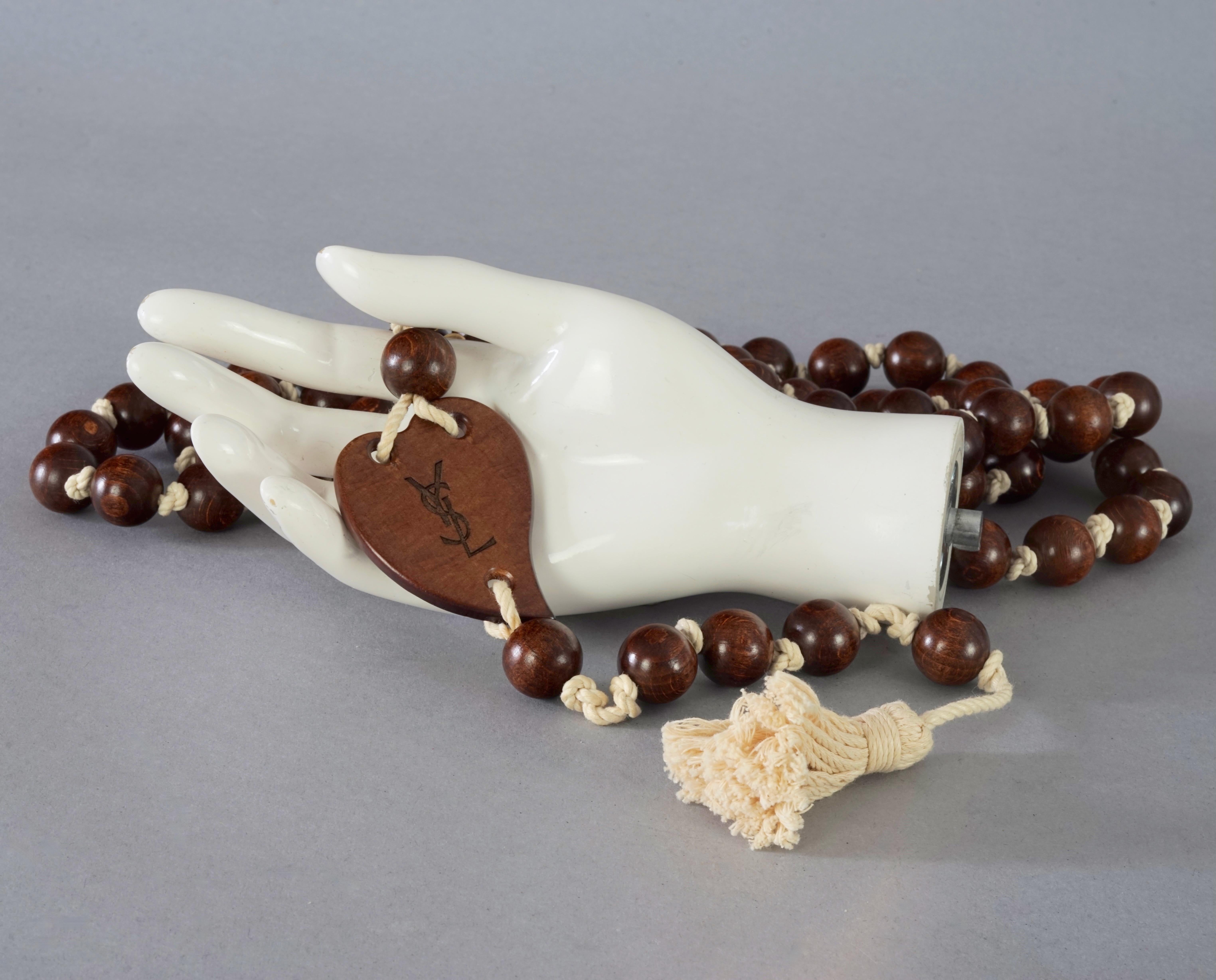 Vintage YVES SAINT LAURENT Ysl Oversized Wood Heart Rosary Tassel Belt Necklace For Sale 3