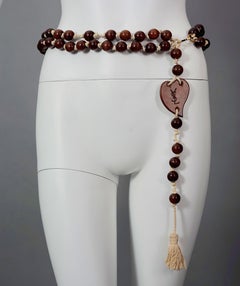Vintage YVES SAINT LAURENT Ysl Oversized Wood Heart Rosary Tassel Belt Necklace