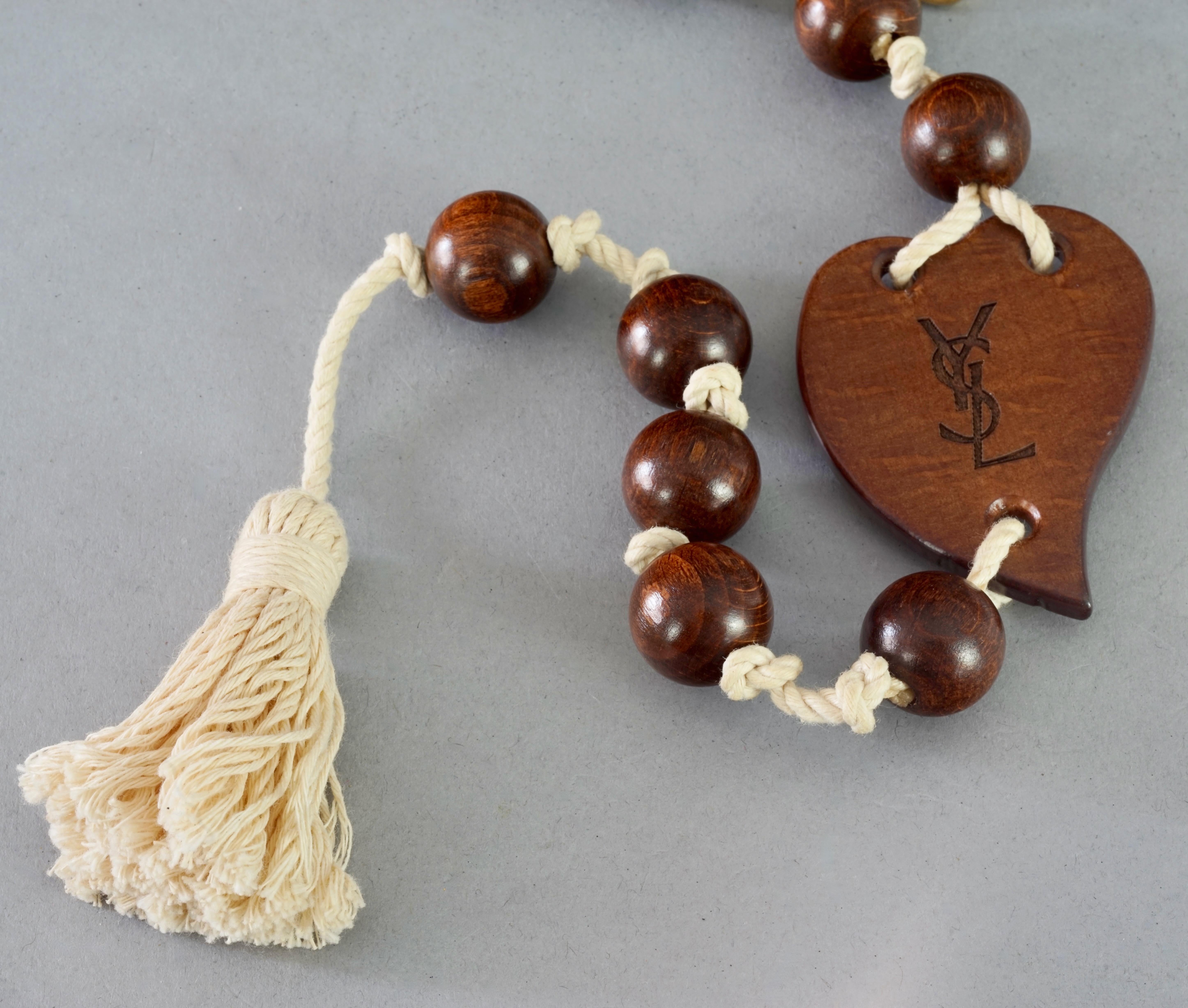 Women's or Men's Vintage YVES SAINT LAURENT Ysl Oversized Wood Heart Rosary Tassel Belt Necklace For Sale