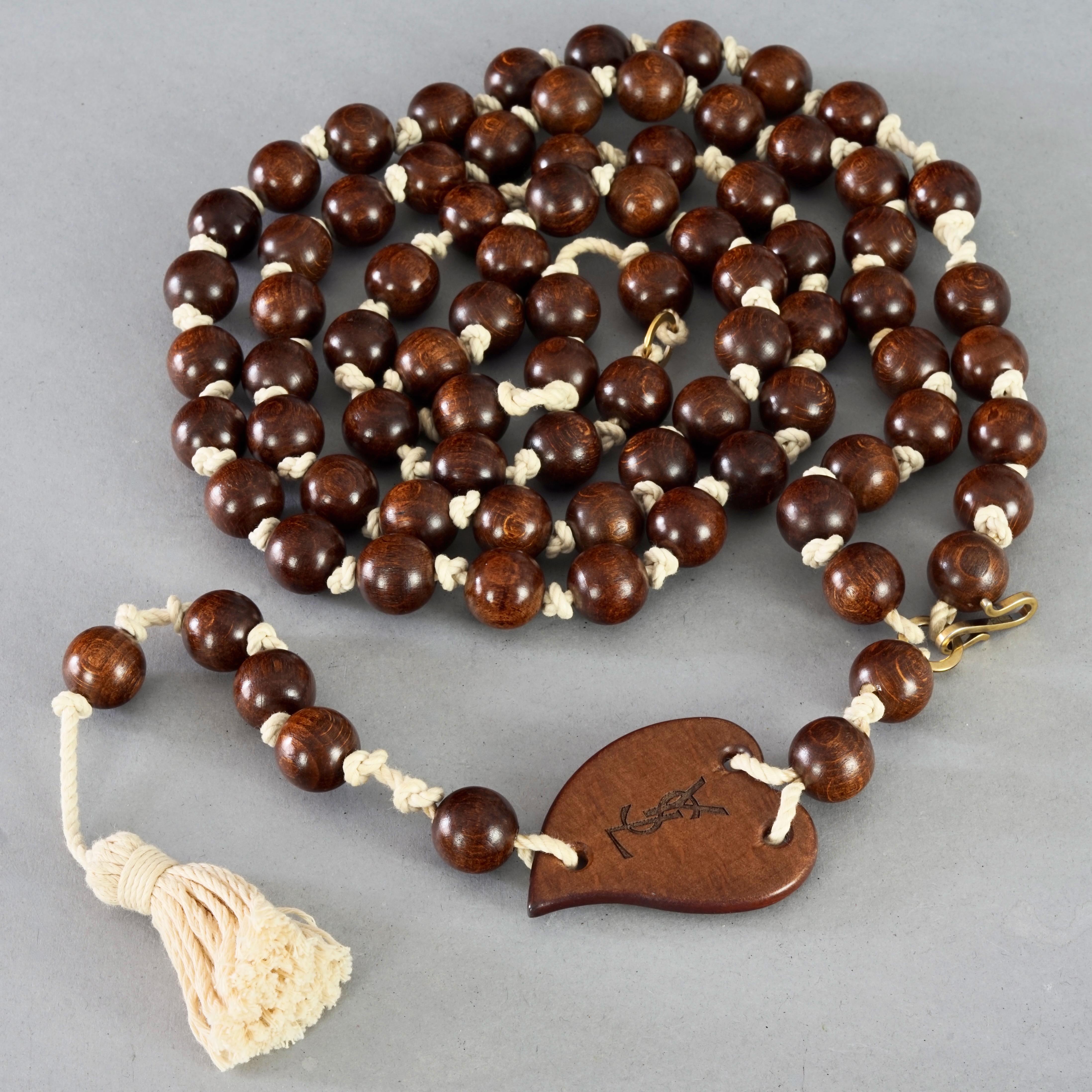 Vintage YVES SAINT LAURENT Ysl Oversized Wood Heart Rosary Tassel Belt Necklace For Sale 1