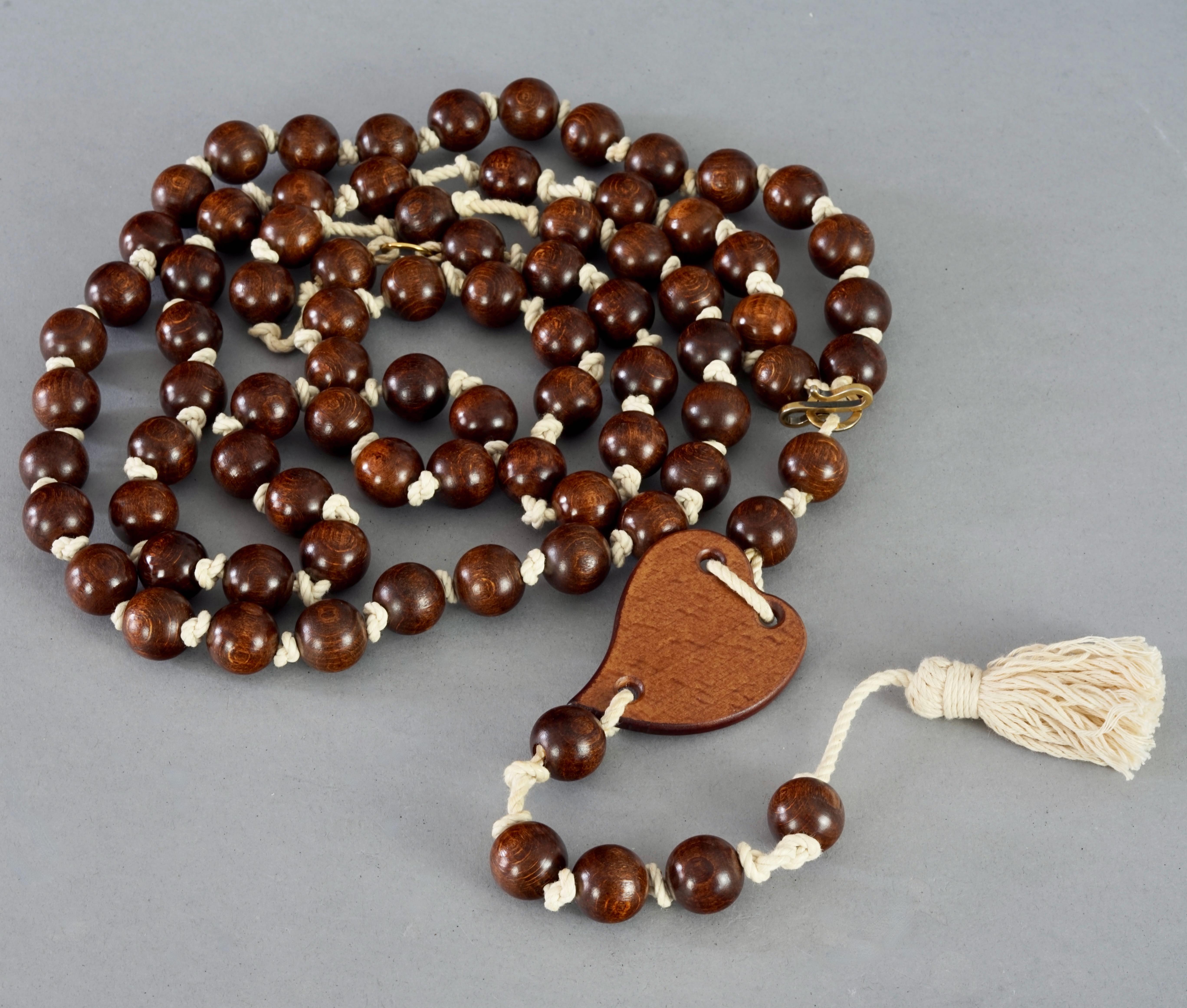 Vintage YVES SAINT LAURENT Ysl Oversized Wood Heart Rosary Tassel Belt Necklace For Sale 2