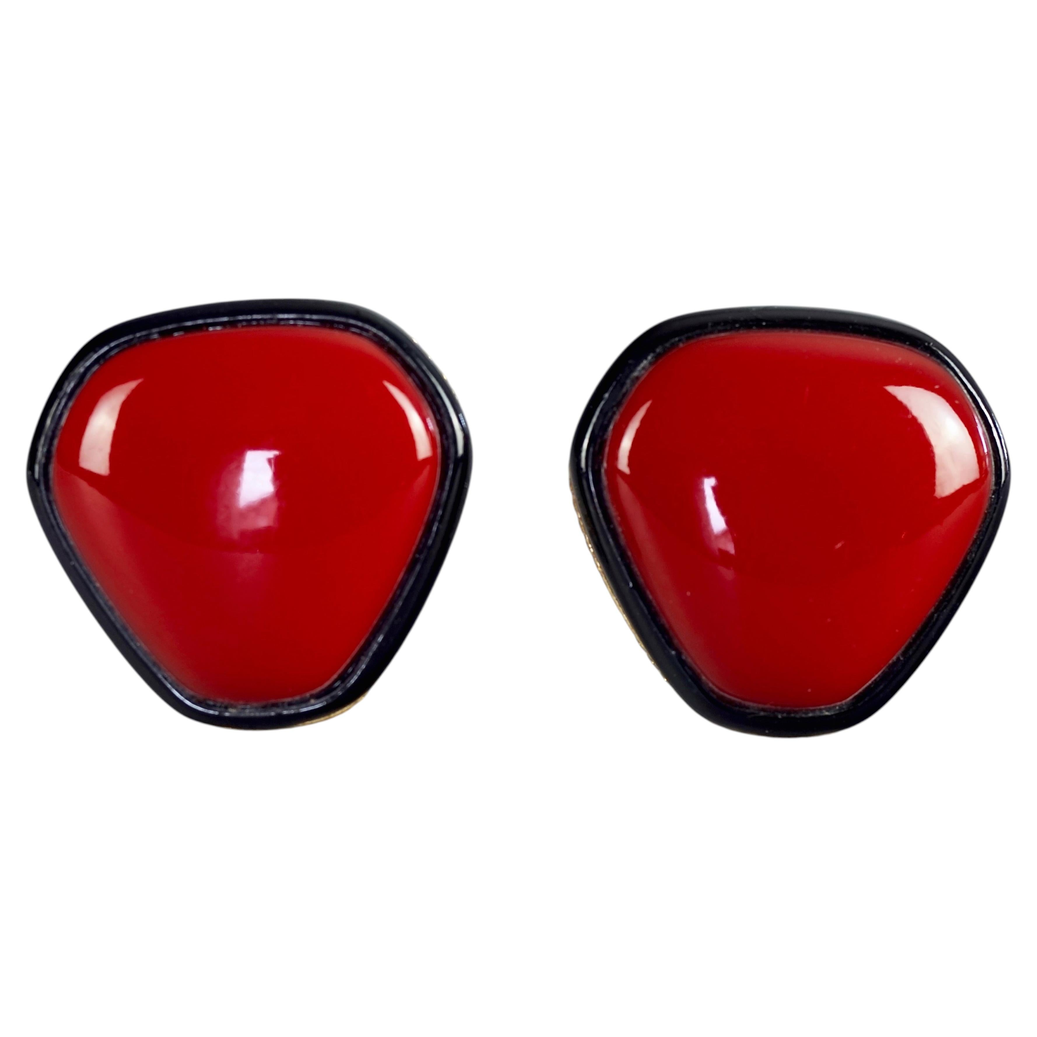 Vintage YVES SAINT LAURENT Ysl Pentagon Geometric Red Black Enamel Earrings For Sale