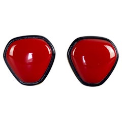 Vintage YVES SAINT LAURENT Ysl Pentagon Geometric Red Black Enamel Earrings