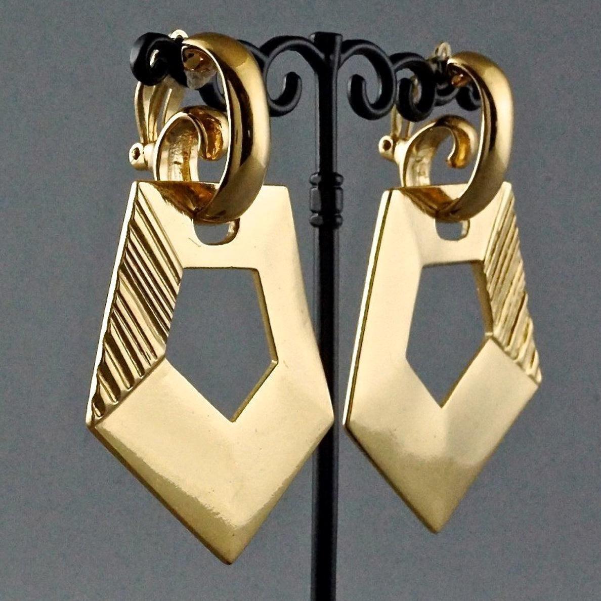 Vintage YVES SAINT LAURENT Ysl Pentagon Geometric Textured Drop Earrings 2