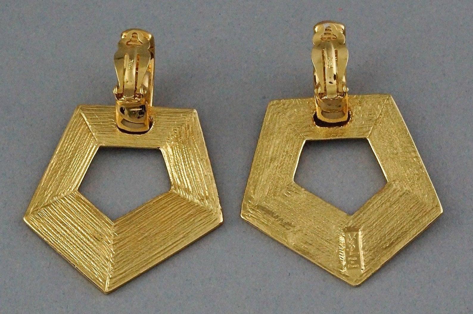 Vintage YVES SAINT LAURENT Ysl Pentagon Geometric Textured Drop Earrings 4