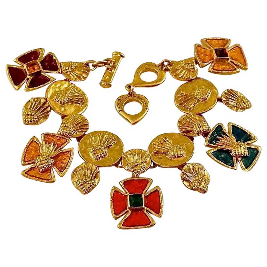 Vintage YVES SAINT LAURENT Ysl Pineapple Maltese Cross Enamel Bracelet For Sale