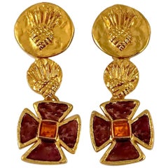 Vintage YVES SAINT LAURENT Ysl Pineapple Maltese Cross Enamel Earrings