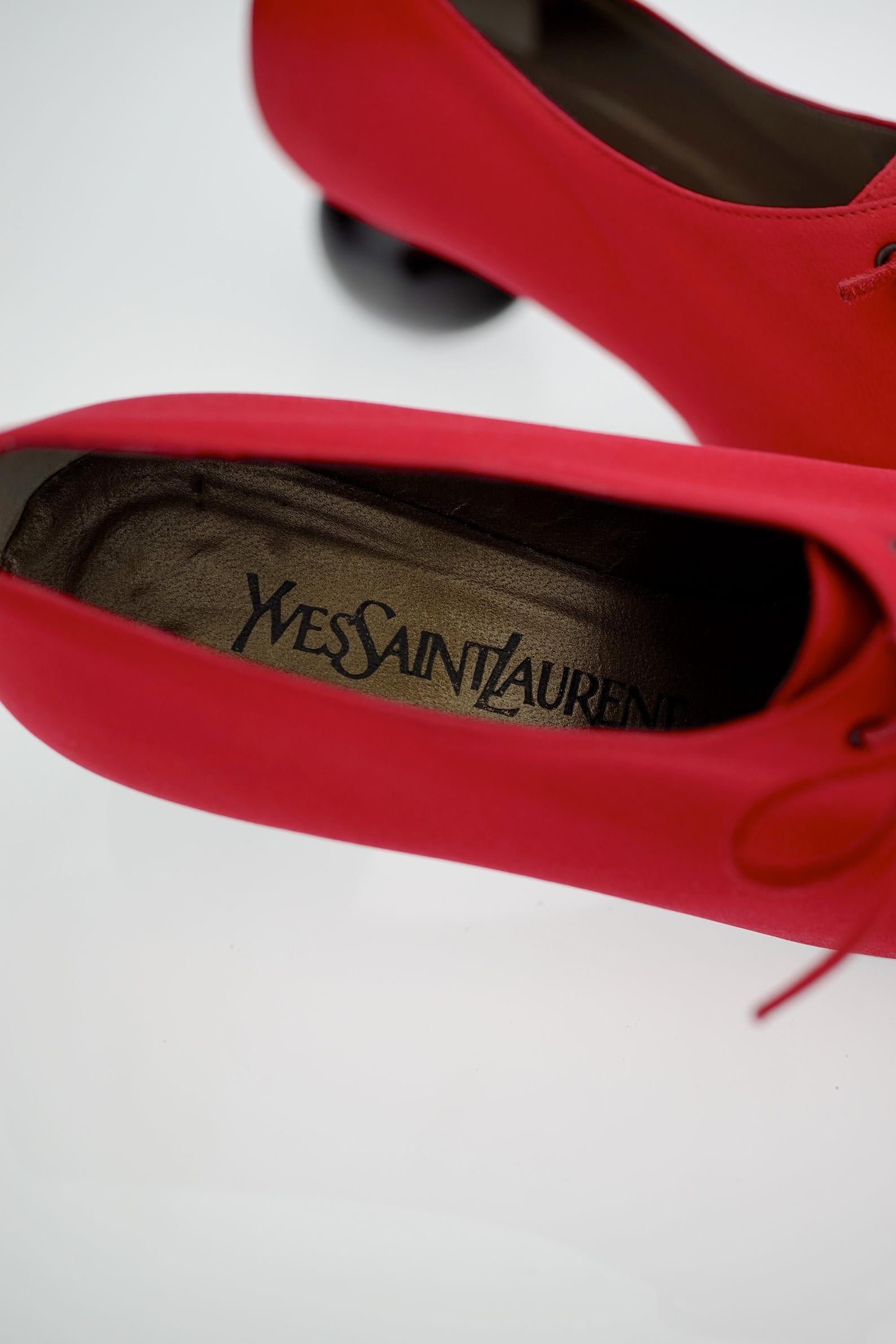 Vintage YVES SAINT LAURENT Ysl Red Ball Heel Pumps Lace Up Shoes For Sale 1