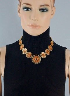 Vintage YVES SAINT LAURENT Ysl Red Enamel Wheel Disc Cabochon Necklace