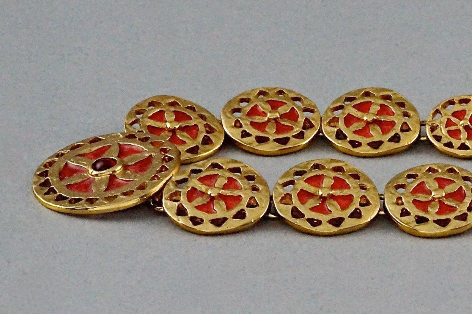 Women's Vintage YVES SAINT LAURENT Ysl Red Enamel Wheel Disc Cabochon Necklace For Sale
