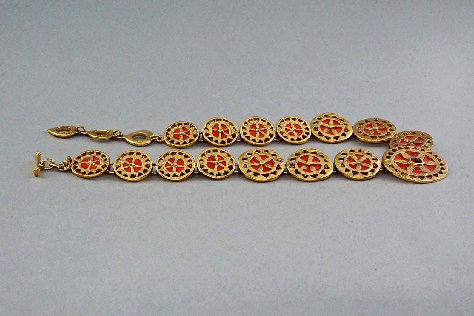 Vintage YVES SAINT LAURENT Ysl Red Enamel Wheel Disc Cabochon Necklace For Sale 1