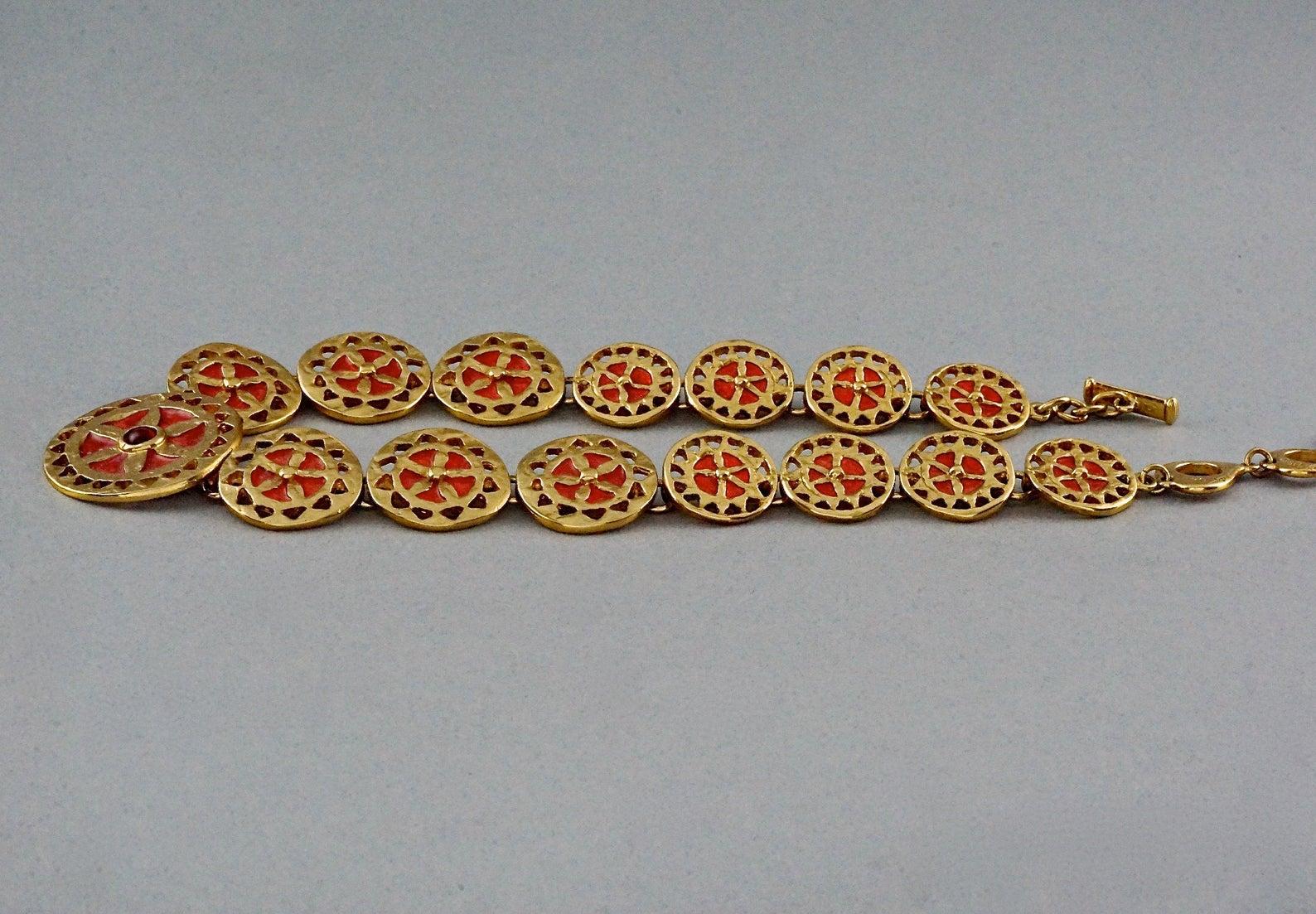 Vintage YVES SAINT LAURENT Ysl Red Enamel Wheel Disc Cabochon Necklace For Sale 2