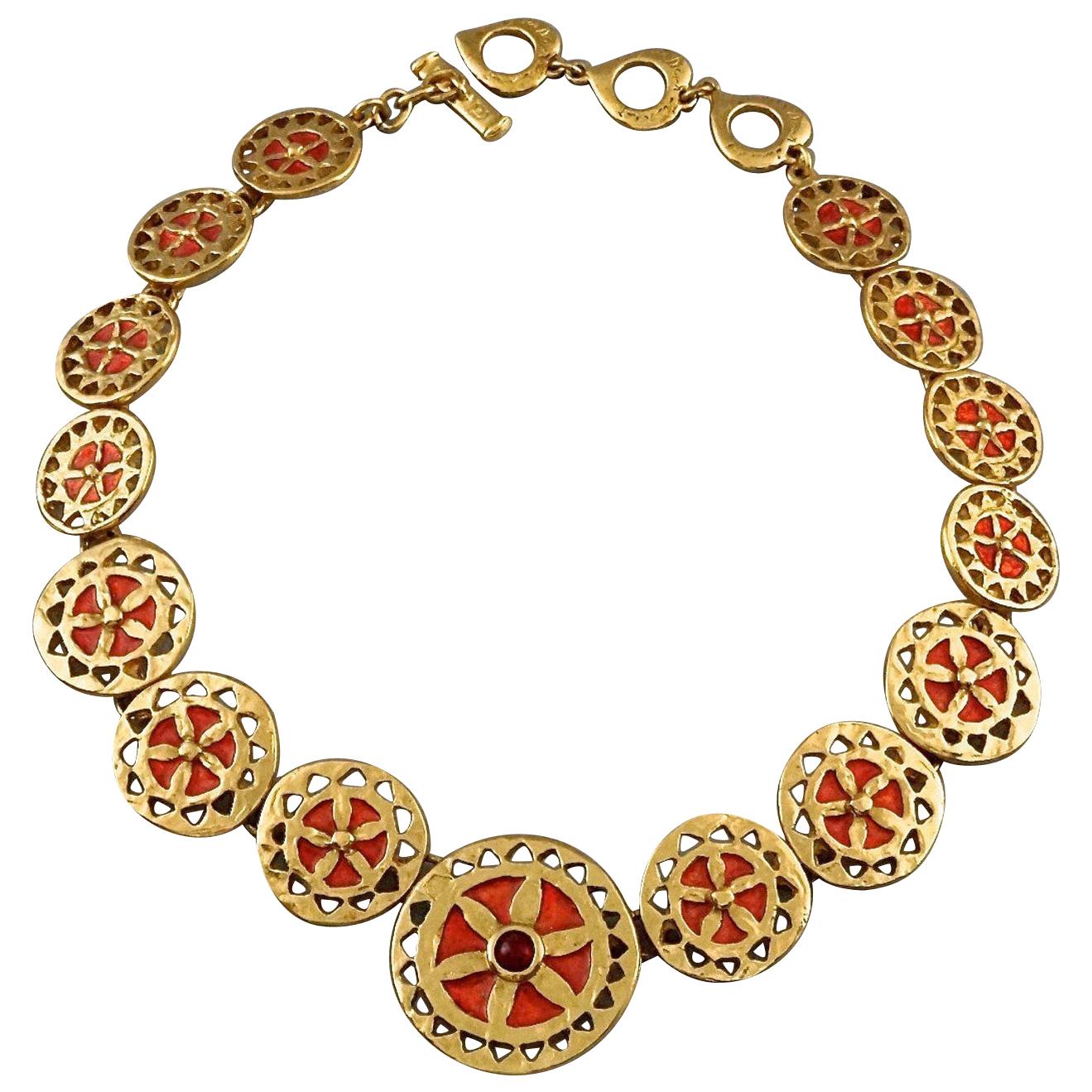 Vintage YVES SAINT LAURENT Ysl Red Enamel Wheel Disc Cabochon Necklace For Sale