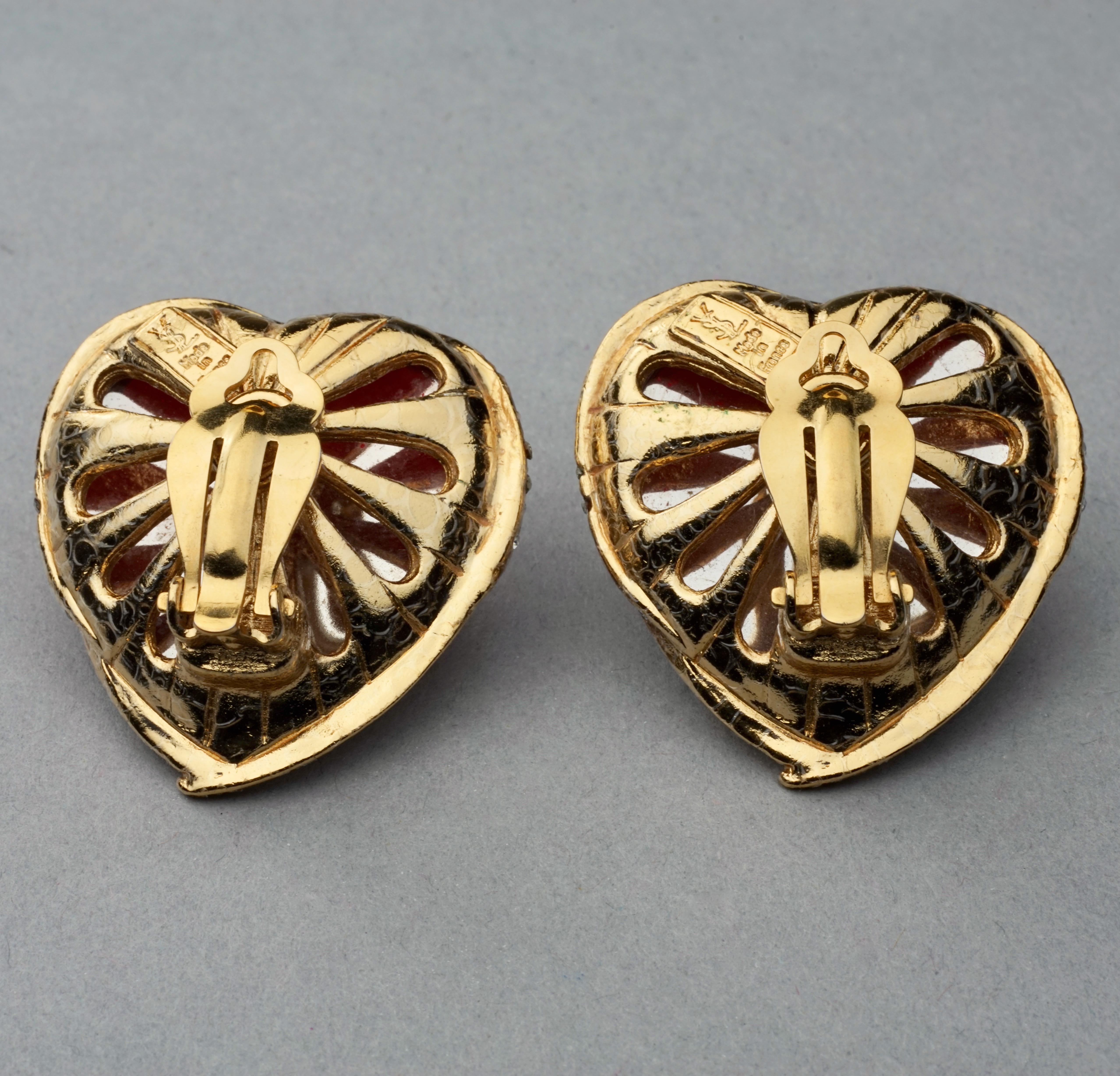 Vintage YVES SAINT LAURENT Ysl Red Faceted Heart Rhinestone Earrings 3