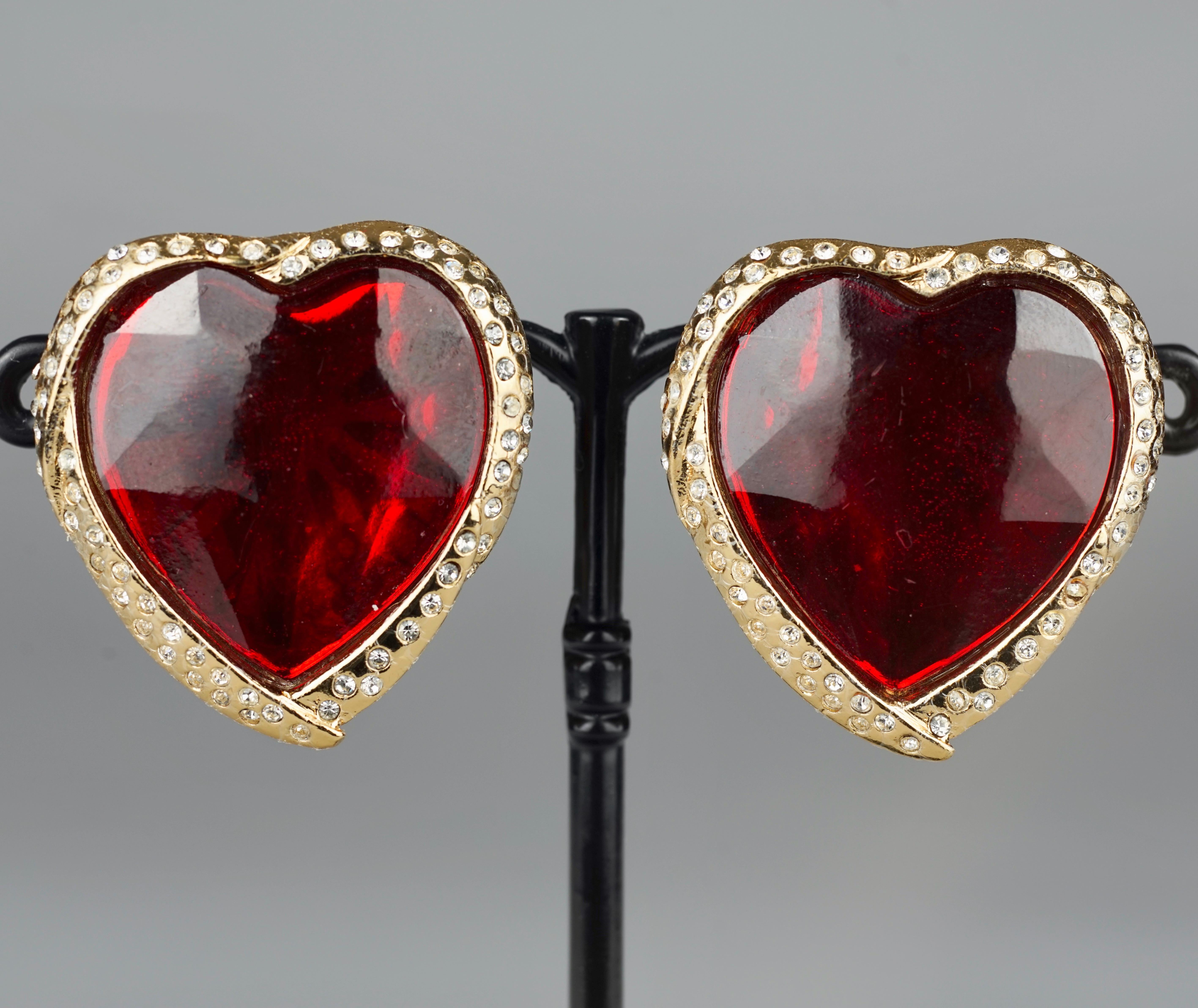 Vintage YVES SAINT LAURENT Ysl Red Faceted Heart Rhinestone Earrings 1