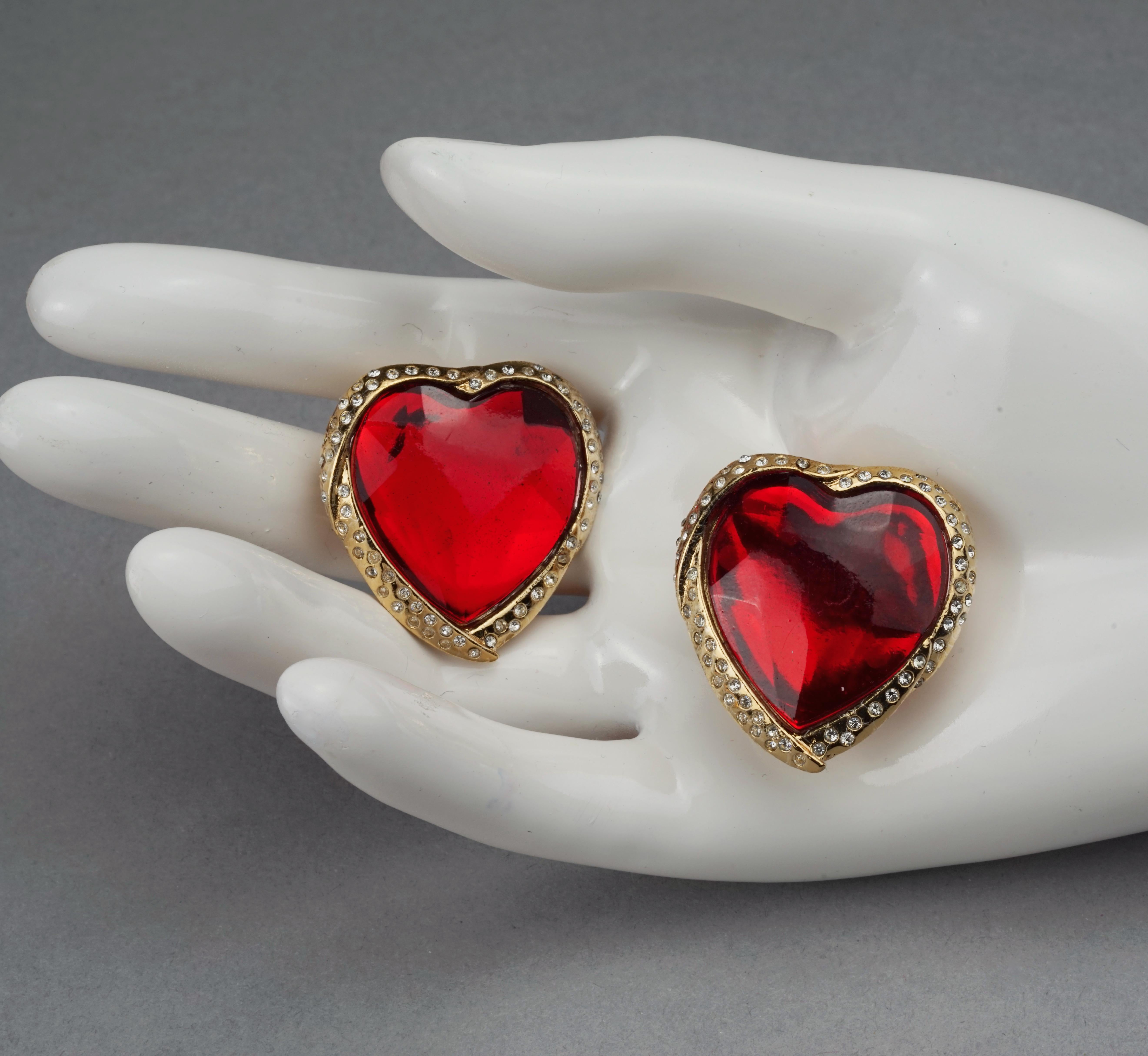 Vintage YVES SAINT LAURENT Ysl Red Faceted Heart Rhinestone Earrings 2