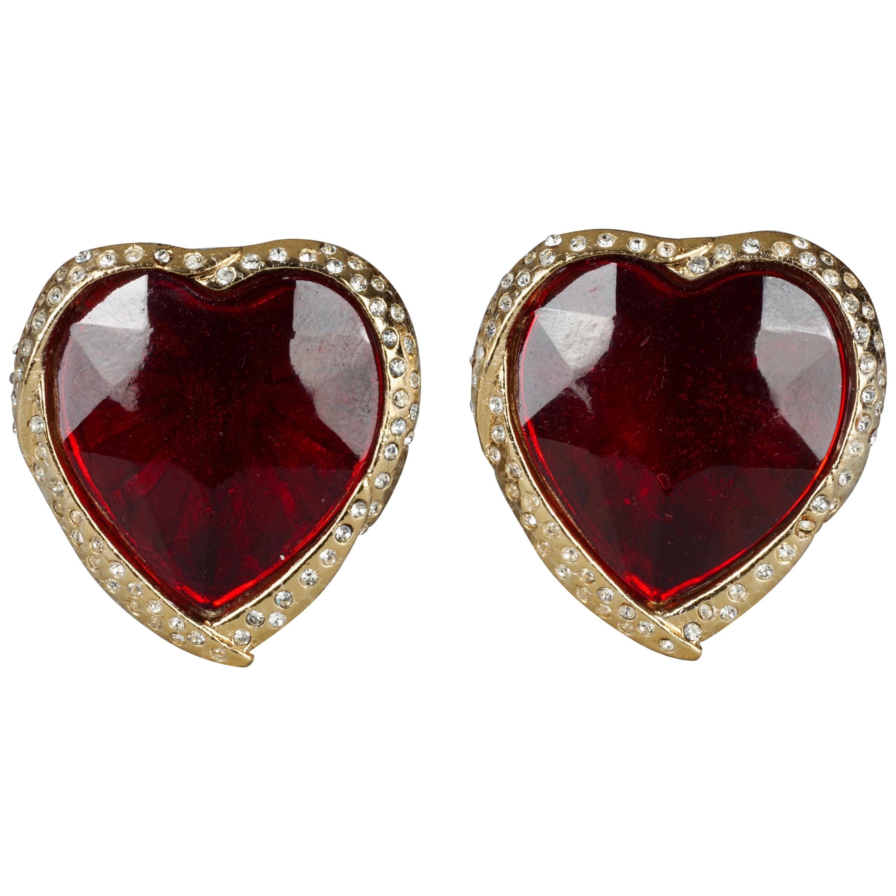 Vintage YVES SAINT LAURENT Ysl Red Faceted Heart Rhinestone Earrings