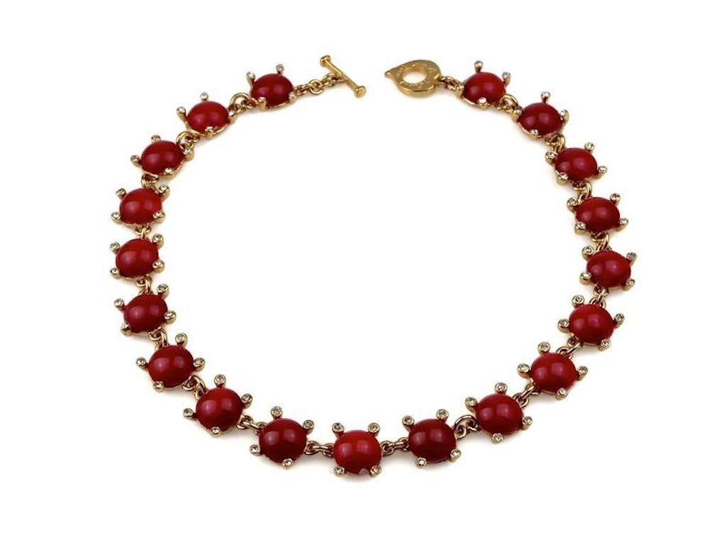 Vintage YVES SAINT LAURENT Ysl Red Glass Cabochon Rhinestone Necklace 1