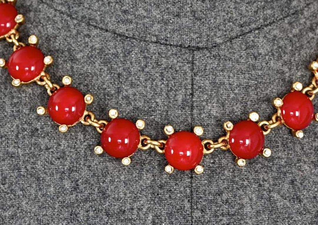 Vintage YVES SAINT LAURENT Ysl Red Glass Cabochon Rhinestone Necklace 2