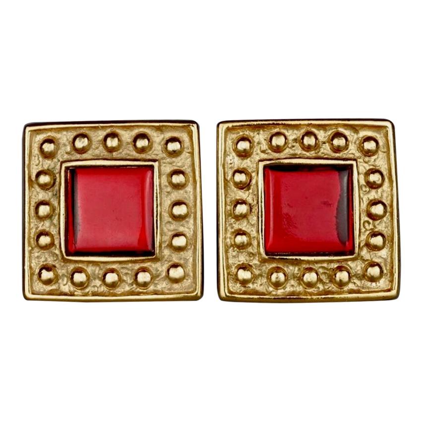 Vintage YVES SAINT LAURENT Ysl Red Square Studded Earrings For Sale