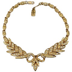 Vintage YVES SAINT LAURENT Ysl Rhinestone Bow Leaf Necklace