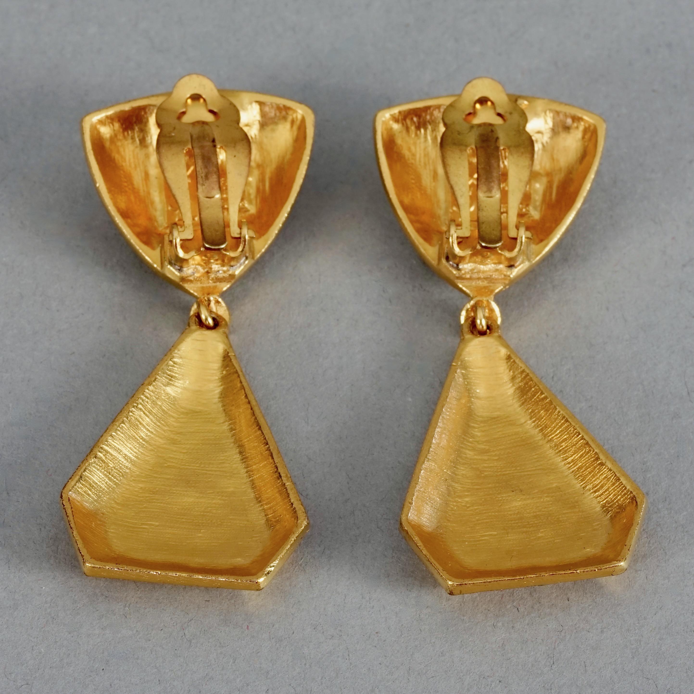 Vintage YVES SAINT LAURENT Ysl Rhinestone Geometric Textured Drop Earrings For Sale 6