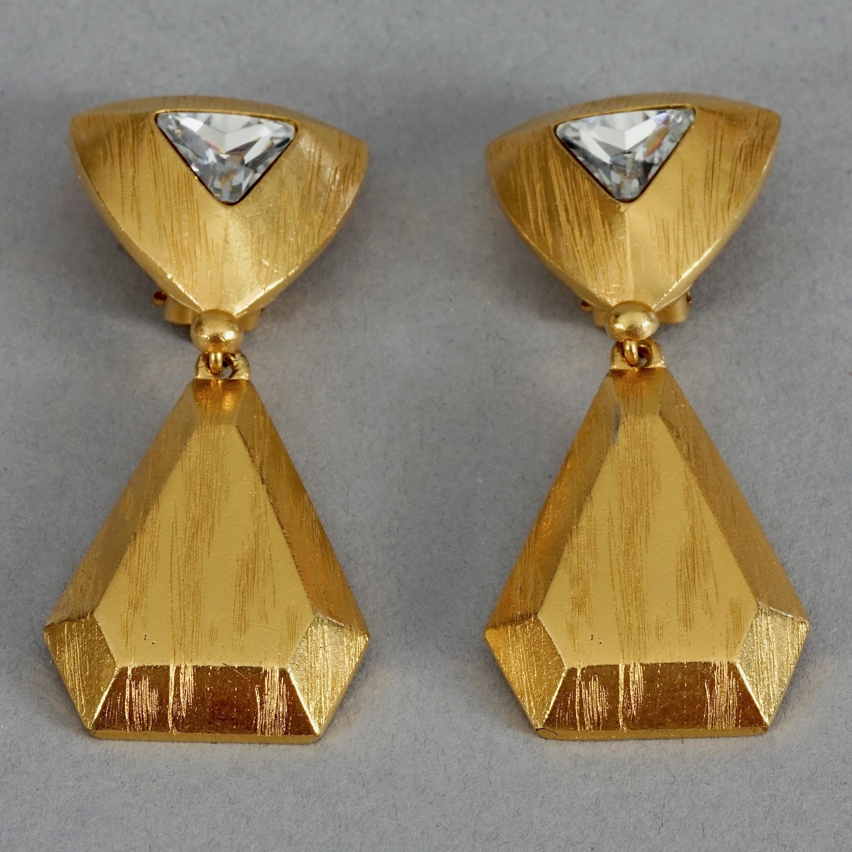 Vintage YVES SAINT LAURENT Ysl Rhinestone Geometric Textured Drop Earrings For Sale 1