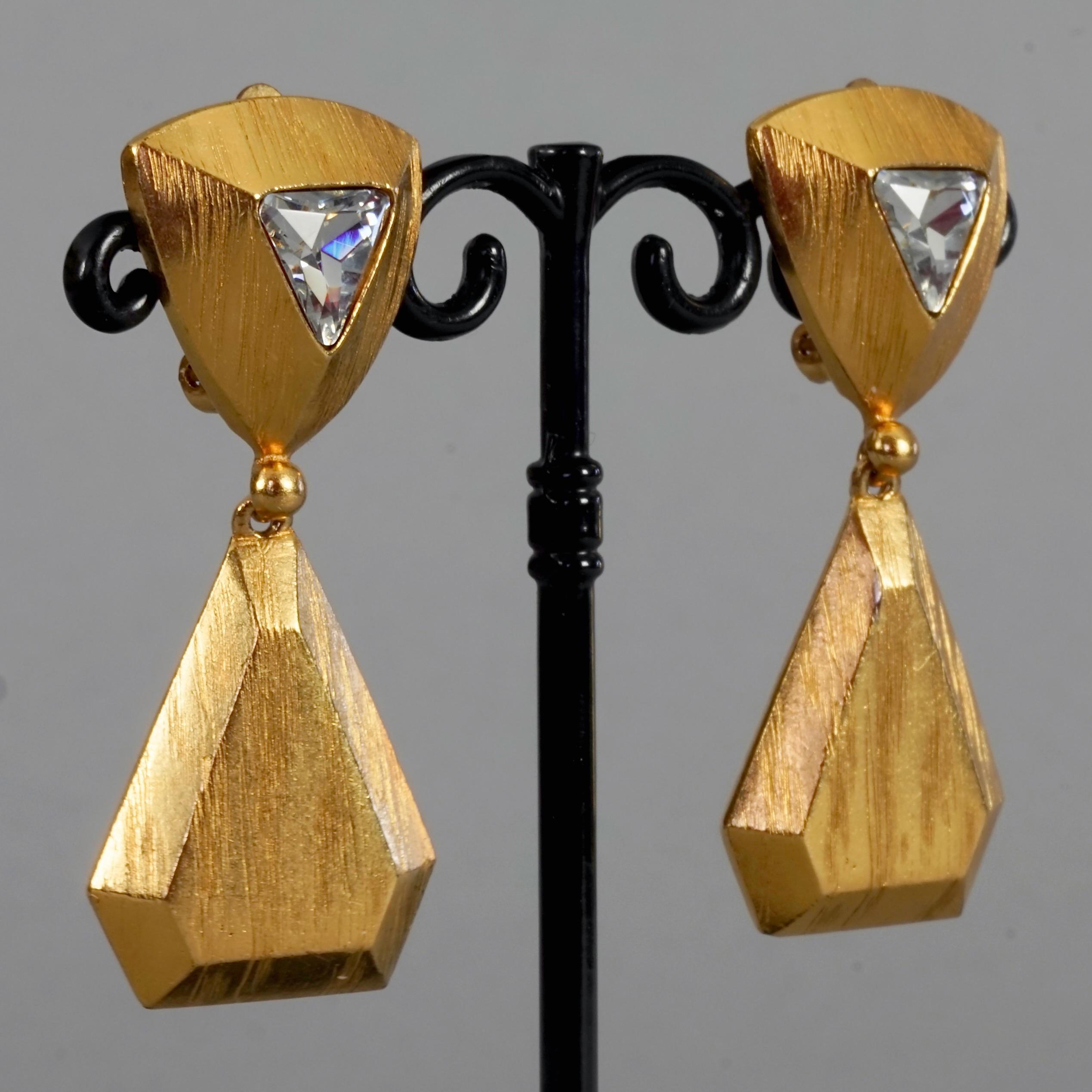 Vintage YVES SAINT LAURENT Ysl Rhinestone Geometric Textured Drop Earrings For Sale 4