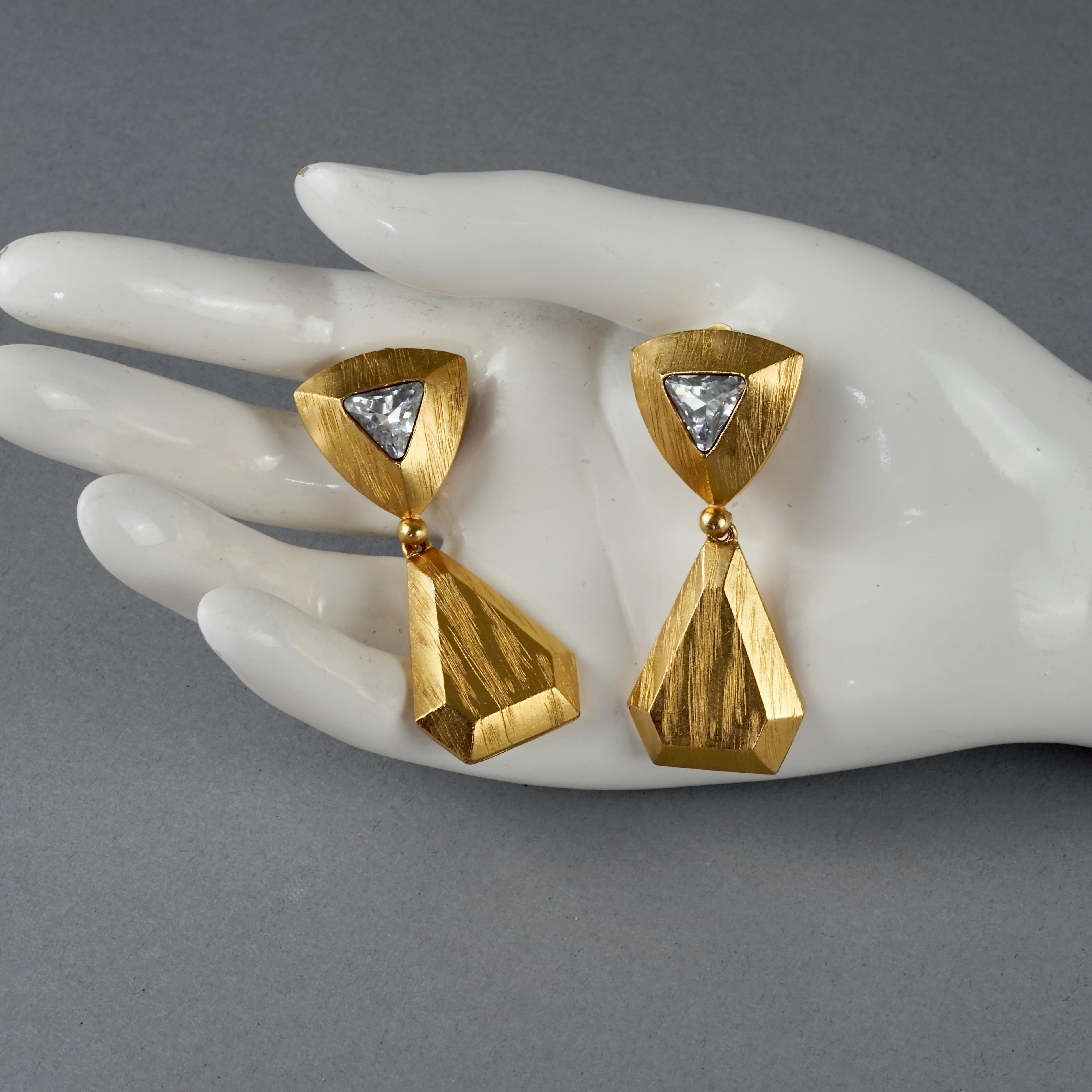 Vintage YVES SAINT LAURENT Ysl Rhinestone Geometric Textured Drop Earrings For Sale 5