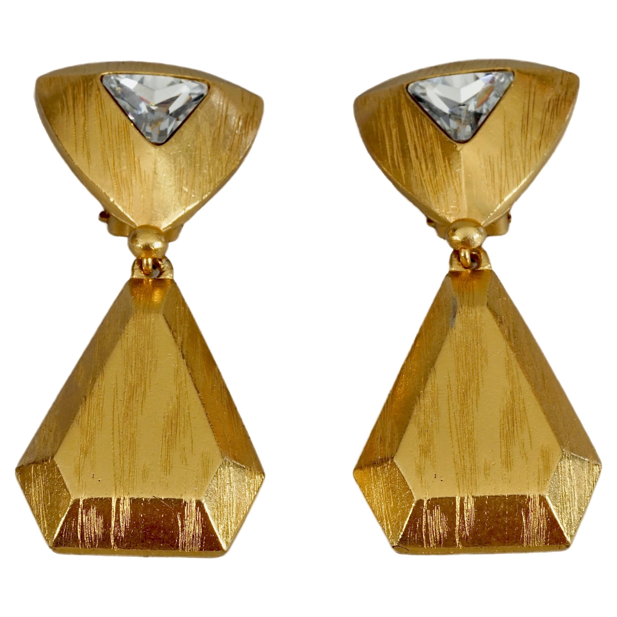 Vintage YVES SAINT LAURENT Ysl Rhinestone Geometric Textured Drop Earrings For Sale