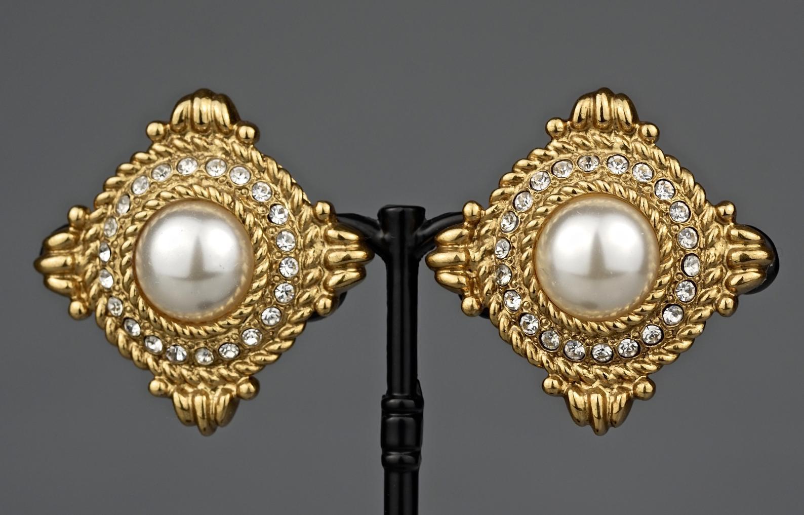 Vintage YVES SAINT LAURENT Ysl Rhinestone Pearl Earrings 1