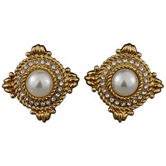 Vintage YVES SAINT LAURENT Ysl Rhinestone Pearl Earrings