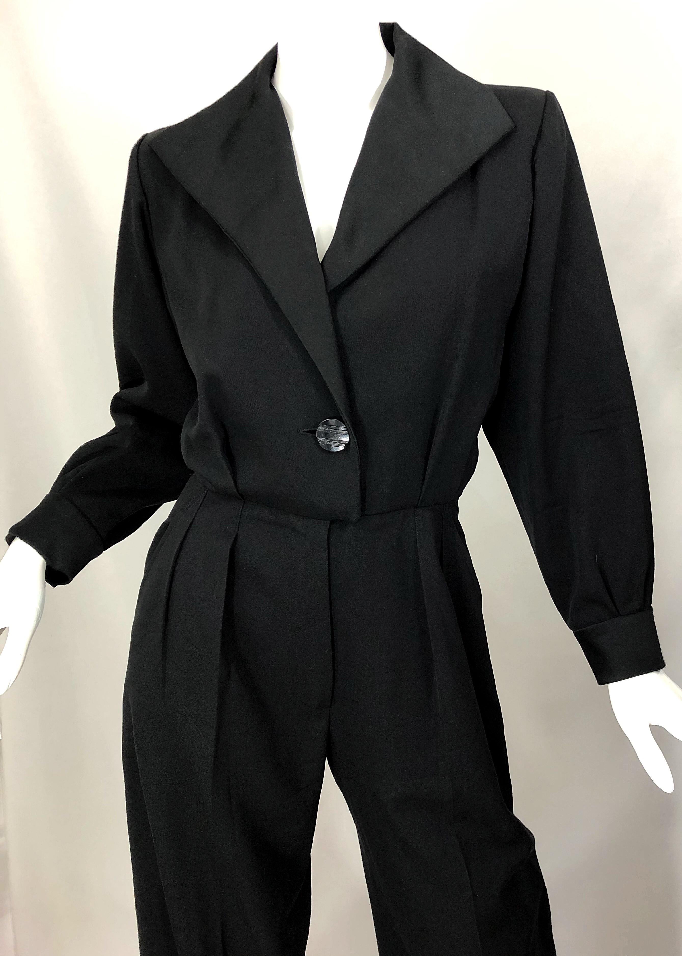 Vintage Yves Saint Laurent YSL Rive Gauche Black Long Sleeve Tuxedo Jumpsuit In Excellent Condition In San Diego, CA