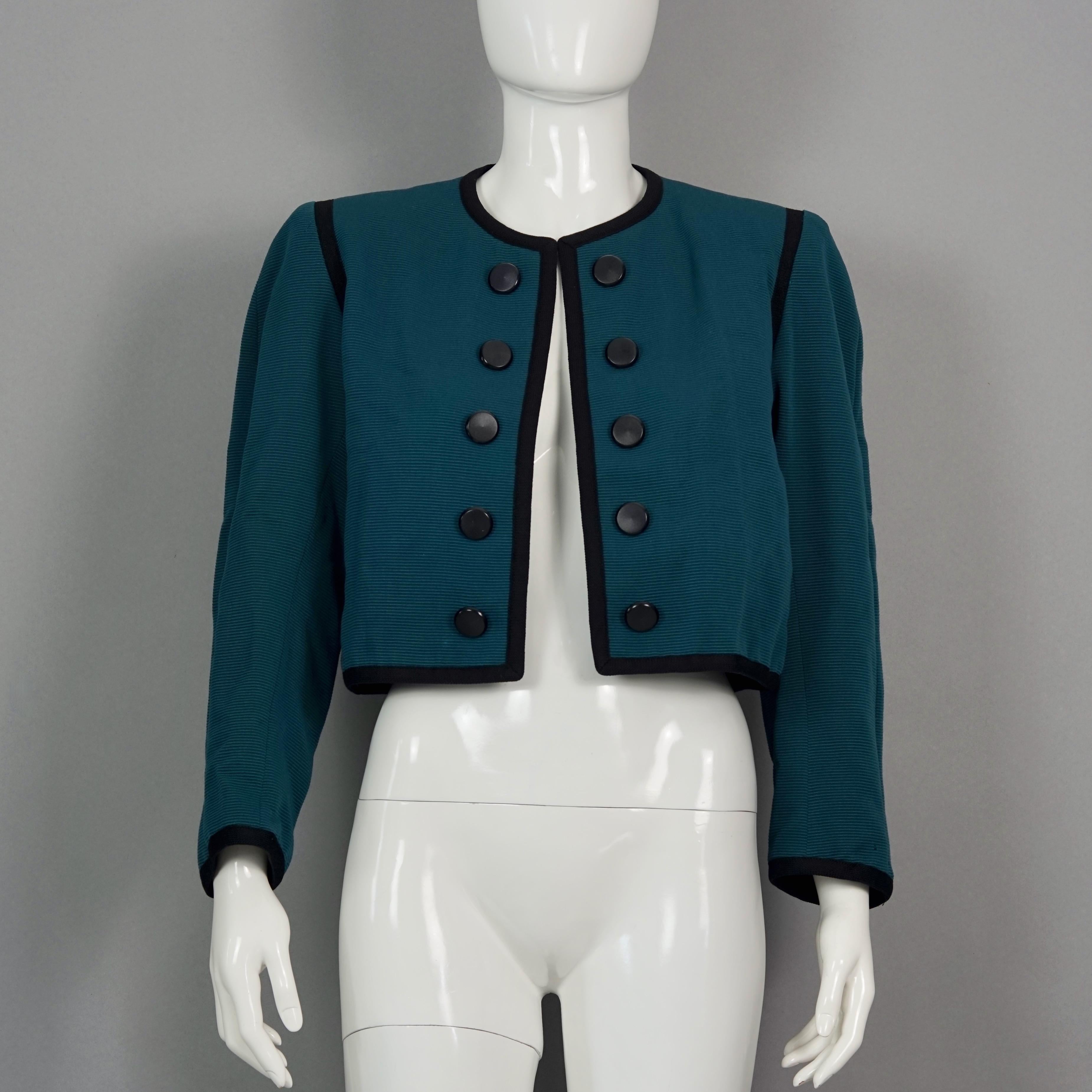 Vintage YVES SAINT LAURENT Ysl Rive Gauche Dark Teal Openwork Cropped Jacket

Measurements taken laid flat, please double bust and wast:
Shoulder: 15.35 inches (39 cm)
Sleeves: 21.25 inches (54 cm)
Bust: 20.07 inches (51 cm)
Waist: 18.11 inches (46