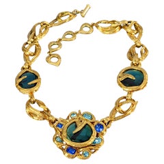 Vintage YVES SAINT LAURENT Ysl Robert Goossens Blue Rhinestone Flower Necklace