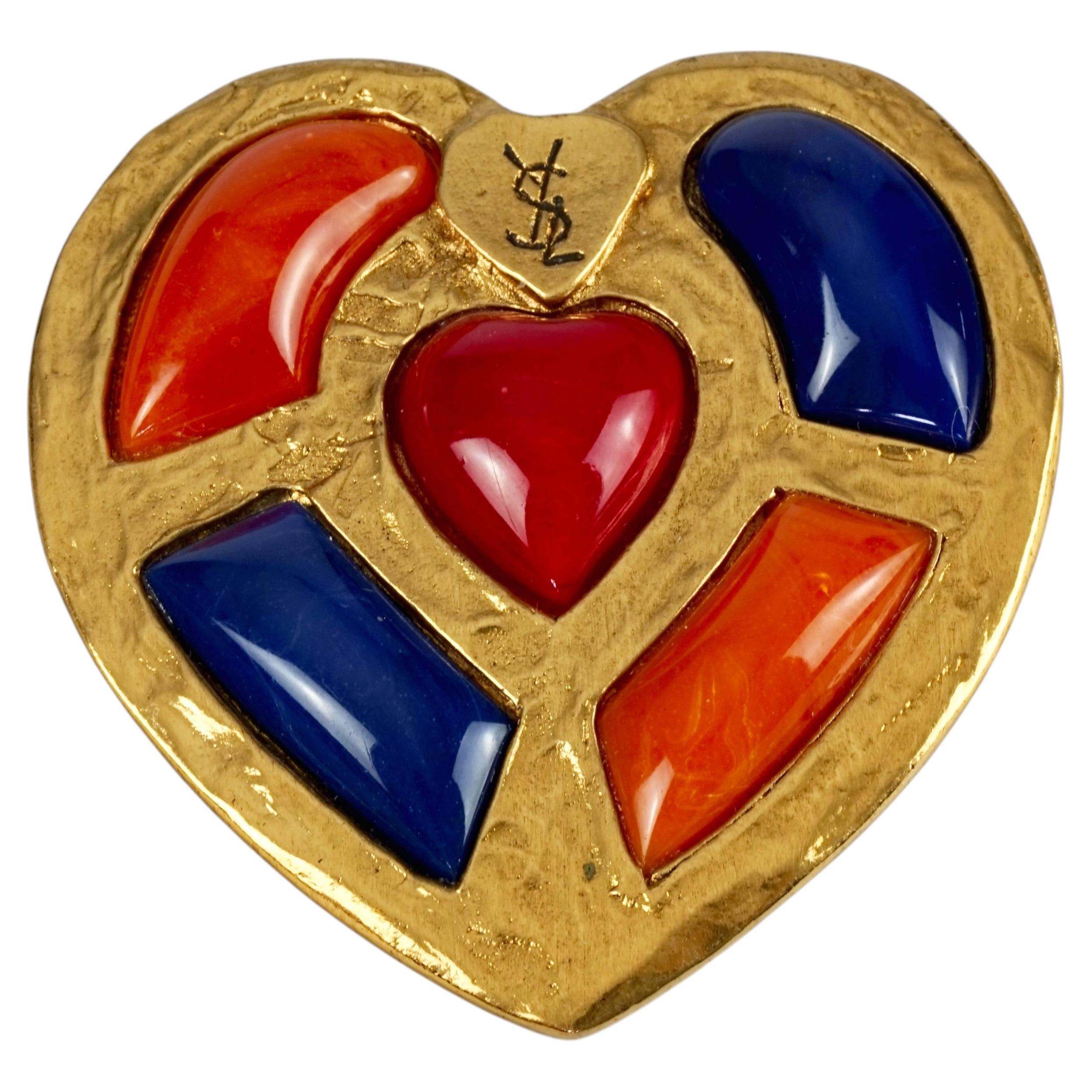 Vintage YVES SAINT LAURENT Ysl Robert Goossens Multicolour Heart Pendant Brooch