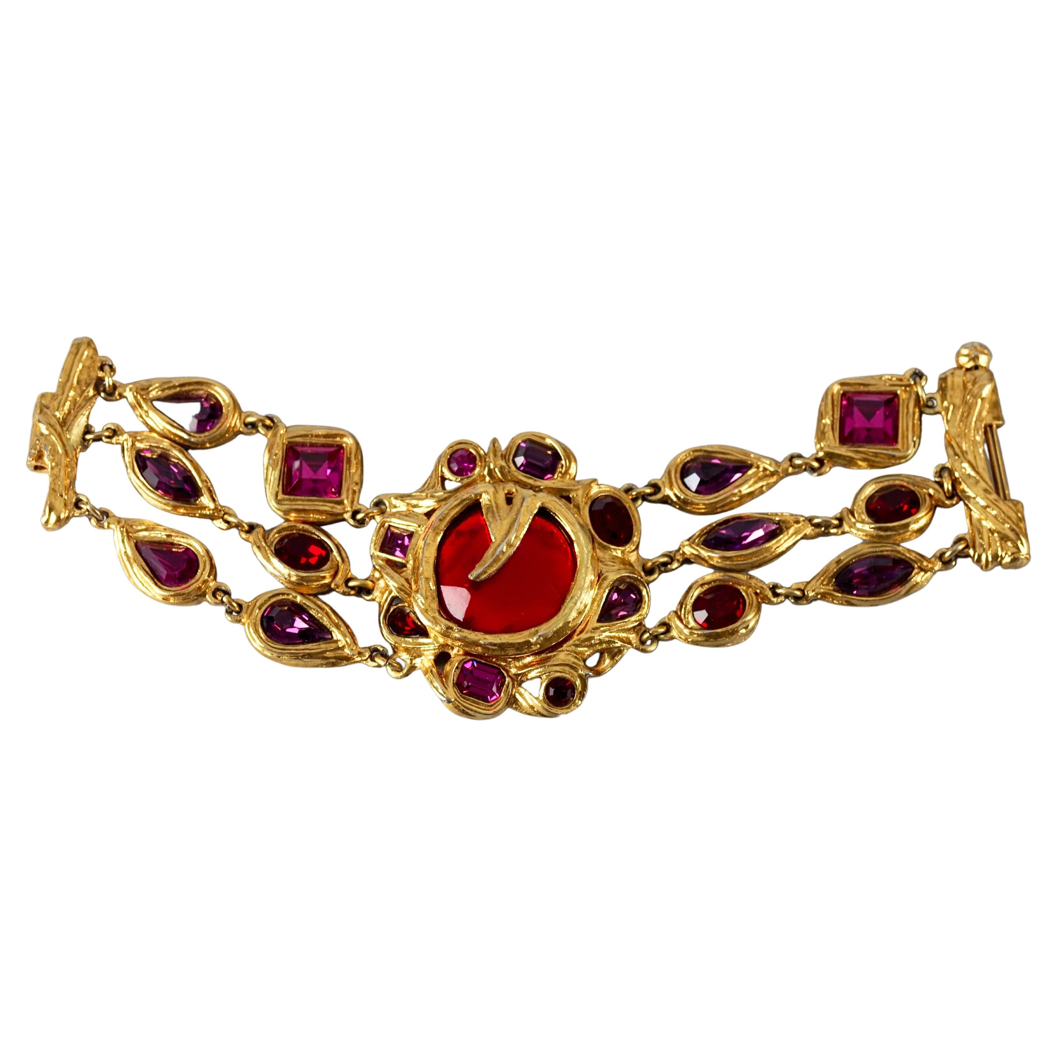 Vintage YVES SAINT LAURENT Ysl Robert Goossens Red Jewelled Cuff Bracelet